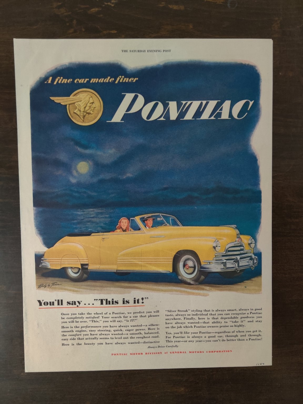 Vintage 1947 Pontiac Yellow Convertible Classic Car Full Page Original Ad
