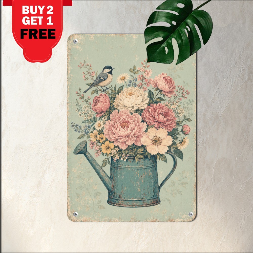 Watering Can Wildflower Bouquet Bird Scene Sign Distressed Floral Metal Plaque