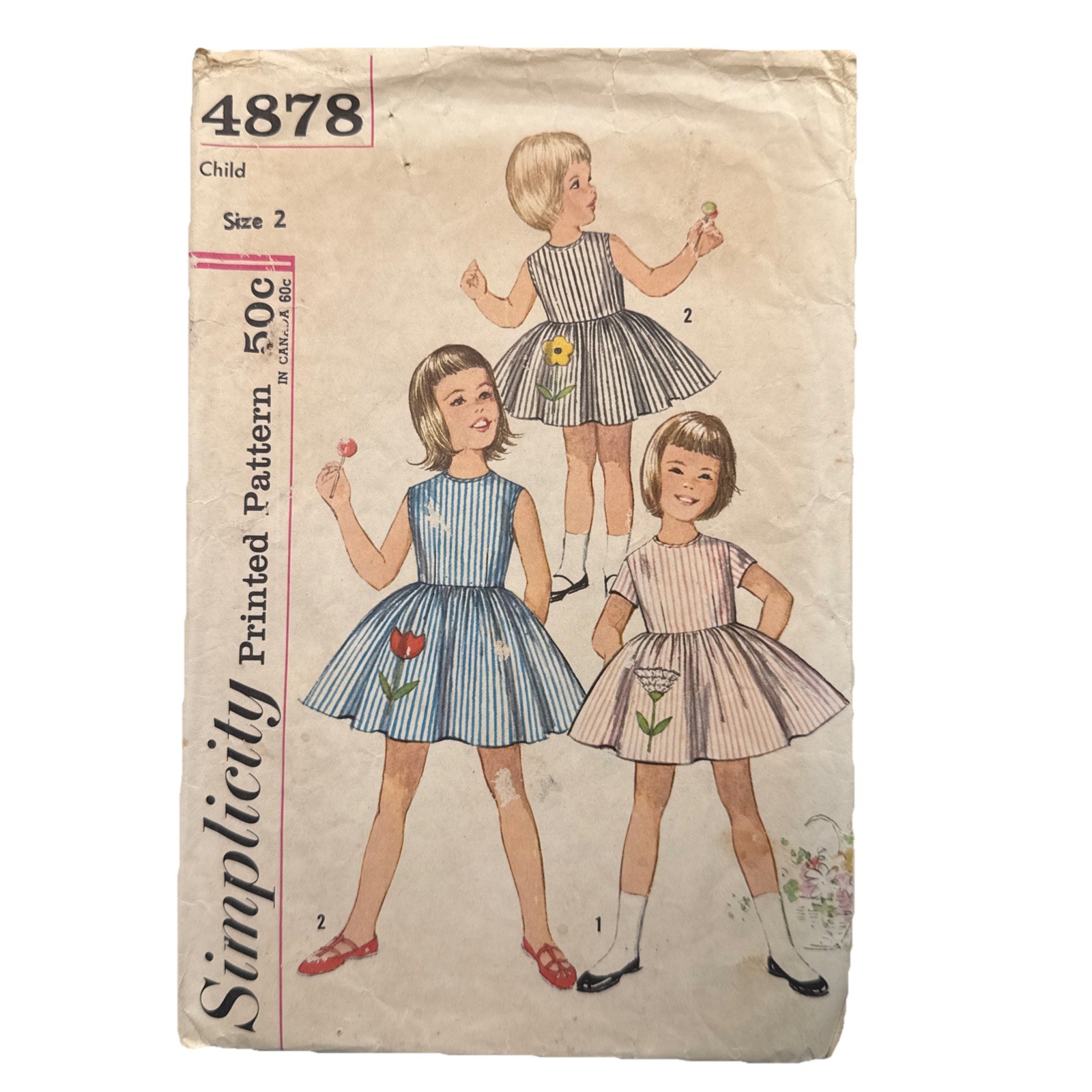 VTG Simplicity 4878 Child Girls Dress Pattern 2T 60s Flower Transfer Cut Short