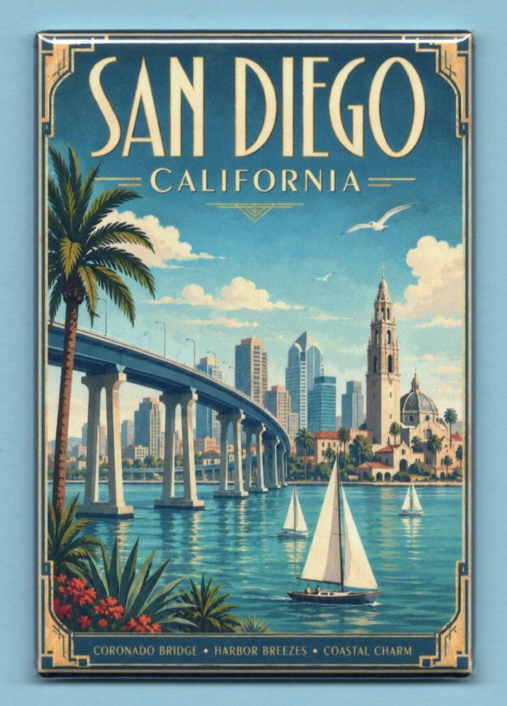 SAN DIEGO CALIFORNIA TRAVEL POSTER *2X3 FRIDGE MAGNET* COASTAL CHARM PACIFIC CA SAN DIEGO CALIFORNIA TRAVEL POSTER *2X3 FRIDGE MAGNET* COASTAL CHARM PACIFIC CA