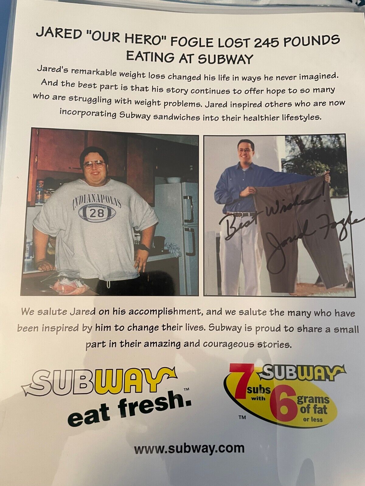 Jared Fogle Rare Autographed Signed Subway Advertisement Size 8.5 x 11