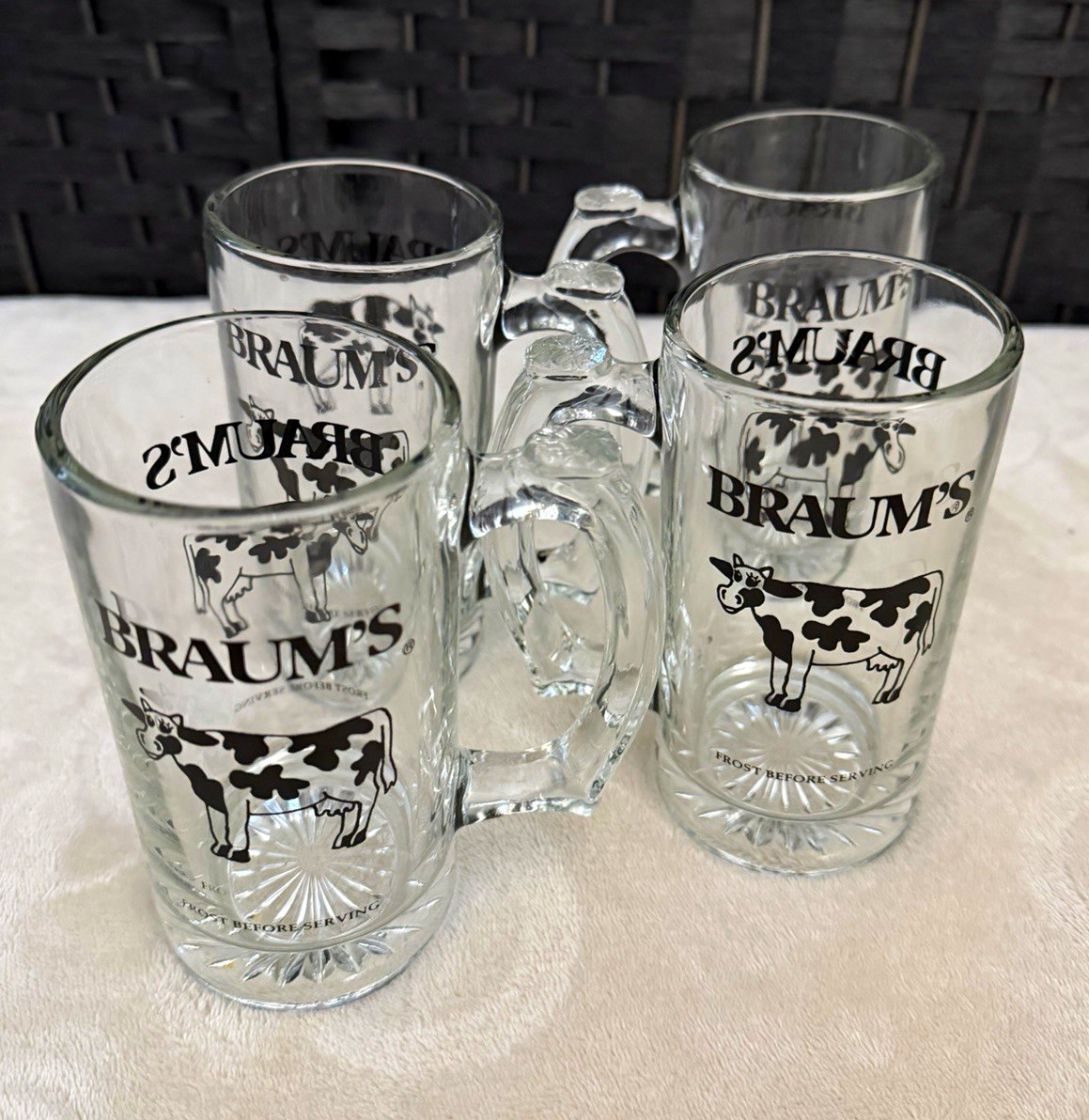 Vintage 1970s/1980s Braum's Ice Cream & Dairy Store Clear Glass Mugs (Set of 4) Vintage 1970s/1980s Braum's Ice Cream & Dairy Store Clear Glass Mugs (Set of 4)