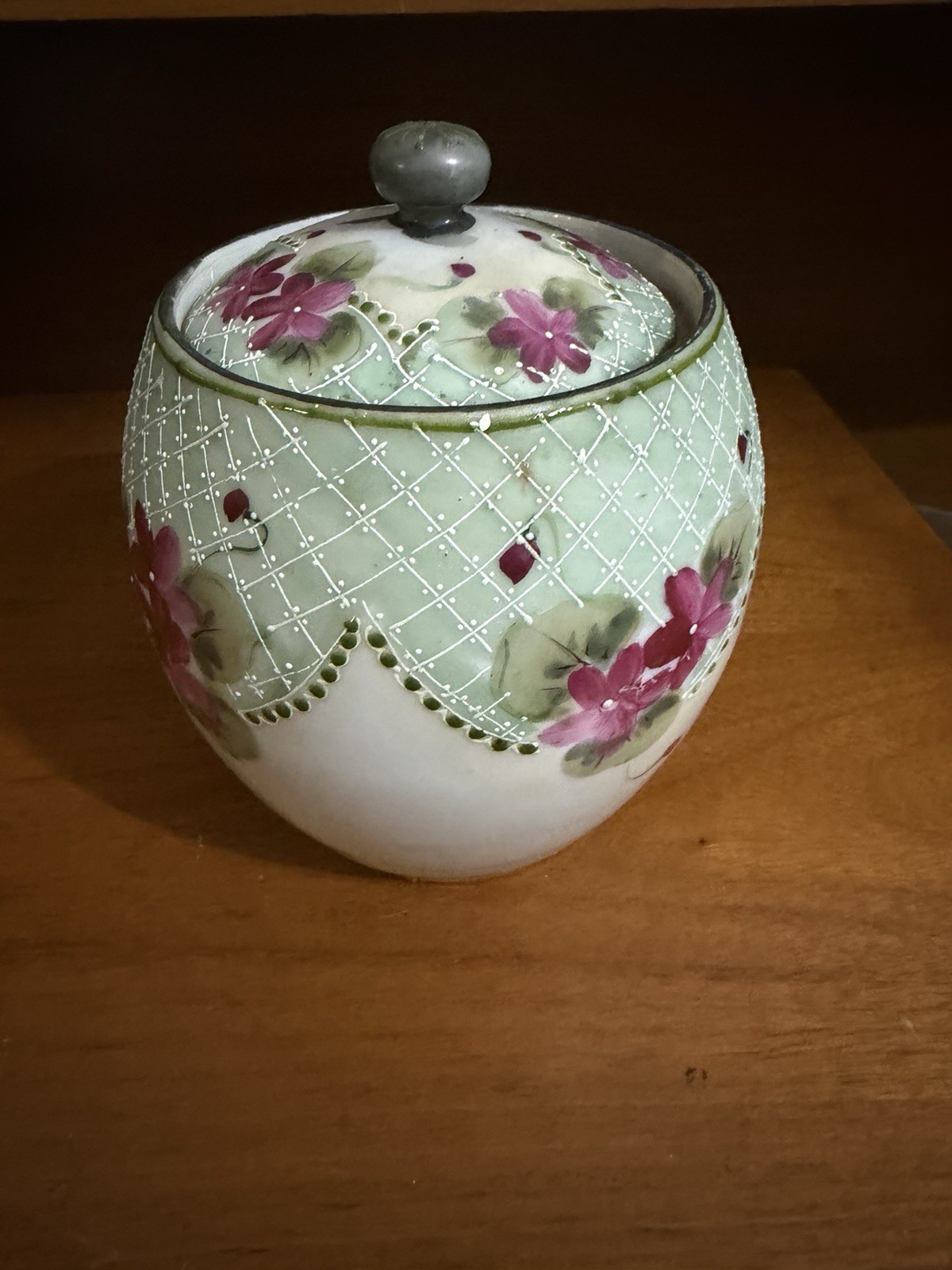 Vintage Hand Painted Japan Porcelain Vanity Jar Floral Moriage Lidded 5”