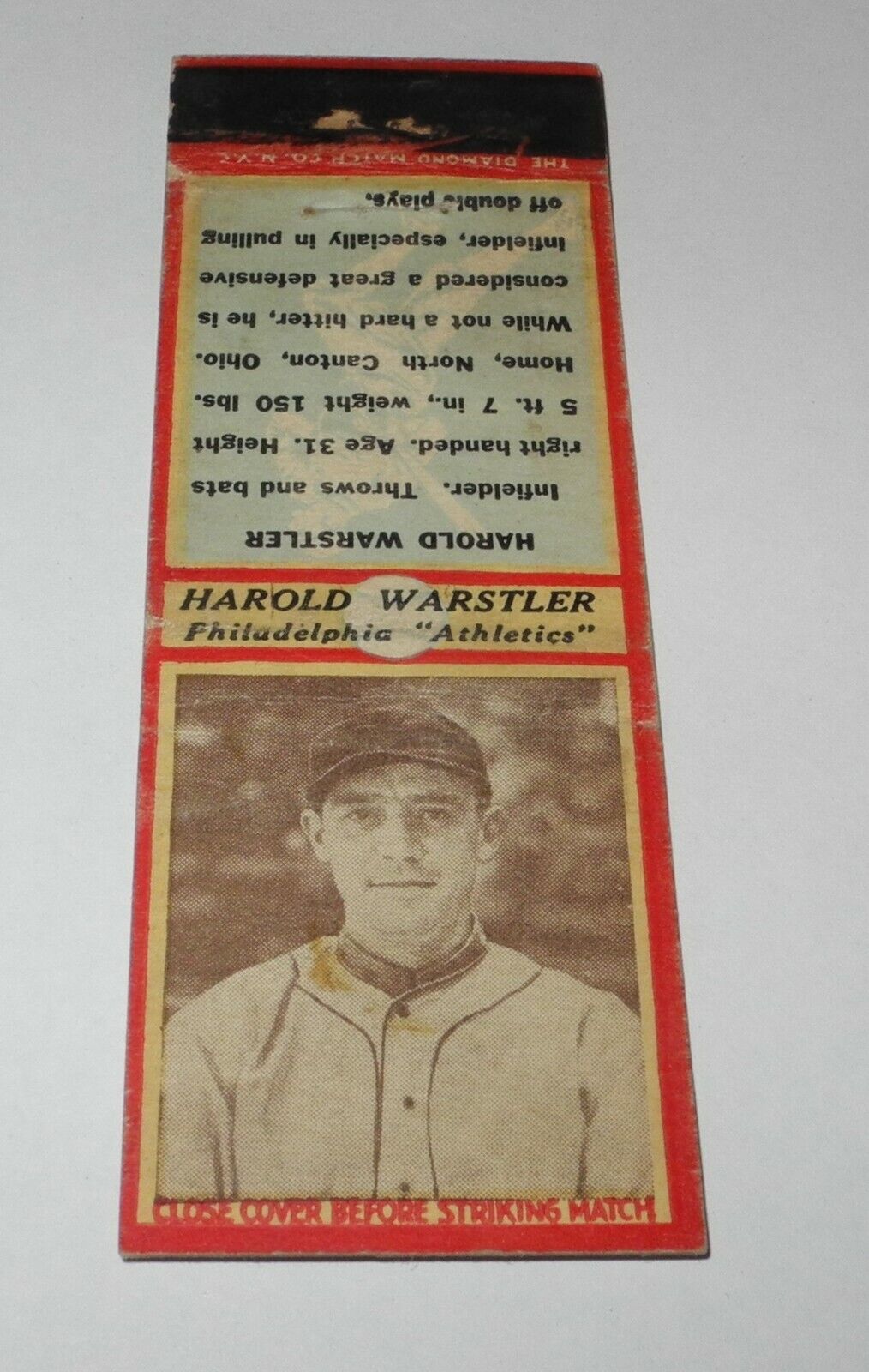 1935-36 Diamond Matchbook Baseball Photo Harold Warstler Philadelphia Athletics