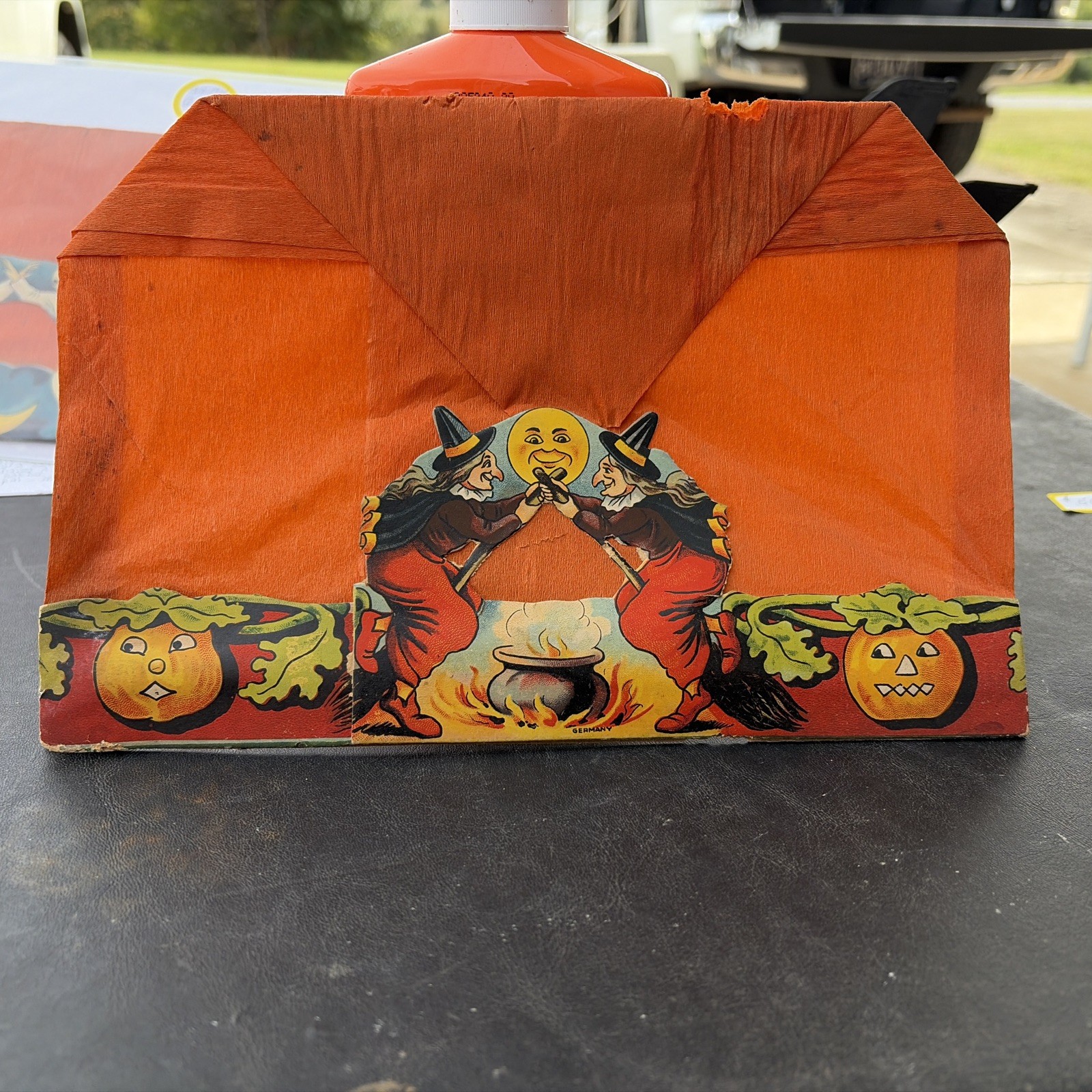 RARE RARE Antique Halloween Treat Satchel Hat w/Witch Décor Germany 1910-14 RARE RARE Antique Halloween Treat Satchel Hat w/Witch Décor Germany 1910-14