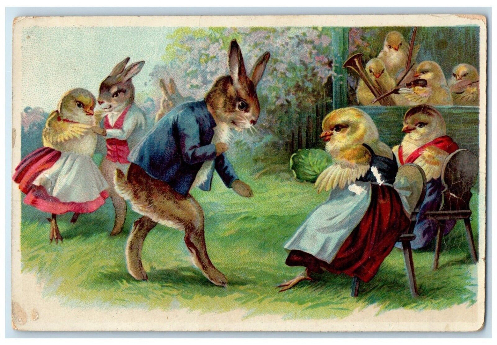 c1910's Anthropomorphic Rabbit Chicks Dancing Band Posted Antique Postcard
