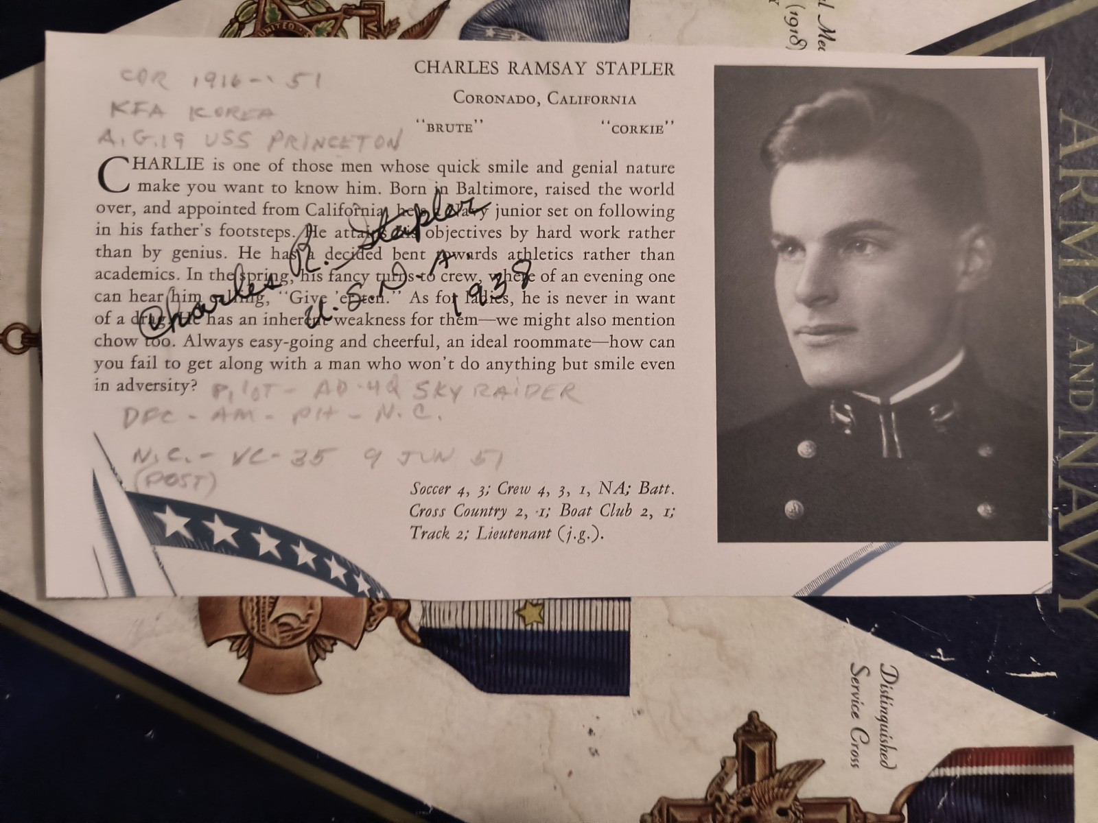 Cdr CHARLES R. STAPLER, USN KIA VC-35 Korea 1951 Signed \'38 USNA Photo/Bio RARE