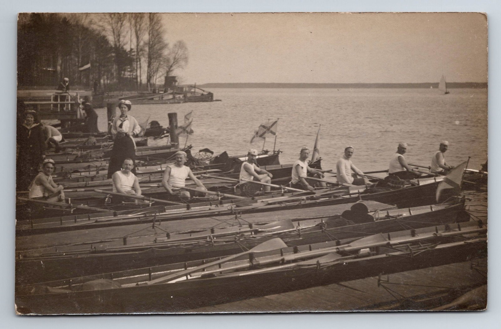 Rowers, Crew, in Boat, on Lake, RPPC, Real Photo, Vintage Postcard