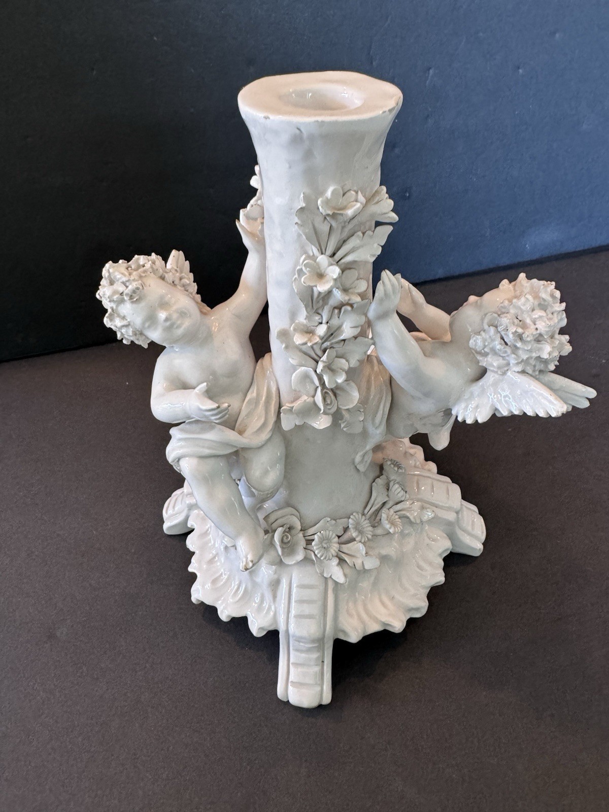 Vintage Luigi Zortea Bassano Italy White Ceramic Cherub Putti Candle holder 8”