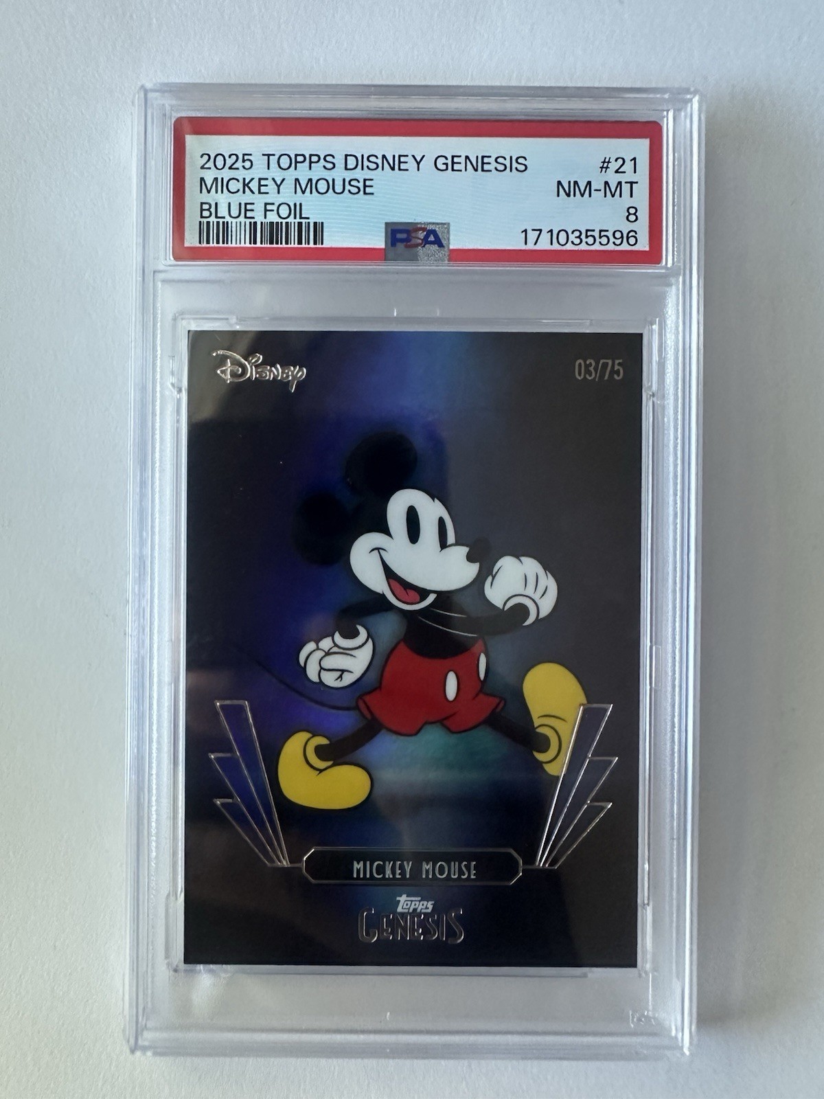 2025 Topps Disney Genesis BLUE FOIL Mickey Mouse #21 PSA 8 Numbered To /75 2025 Topps Disney Genesis BLUE FOIL Mickey Mouse #21 PSA 8 Numbered To /75