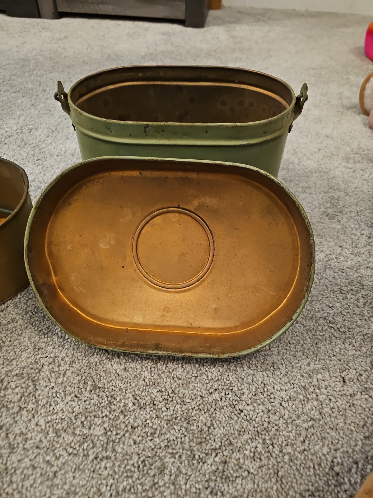 Vintage 1920\'s Salesmans Lunchbox, Copper Look Inside, Green Outside Vintage 1920\'s Salesmans Lunchbox, Copper Look Inside, Green Outside