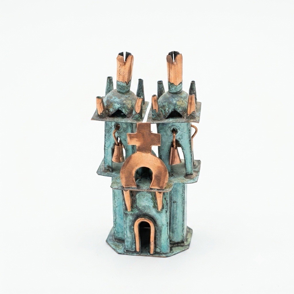 Vintage Miniature Copper Church Figurine Verdigris Patina Cathedral Sculpture 3”