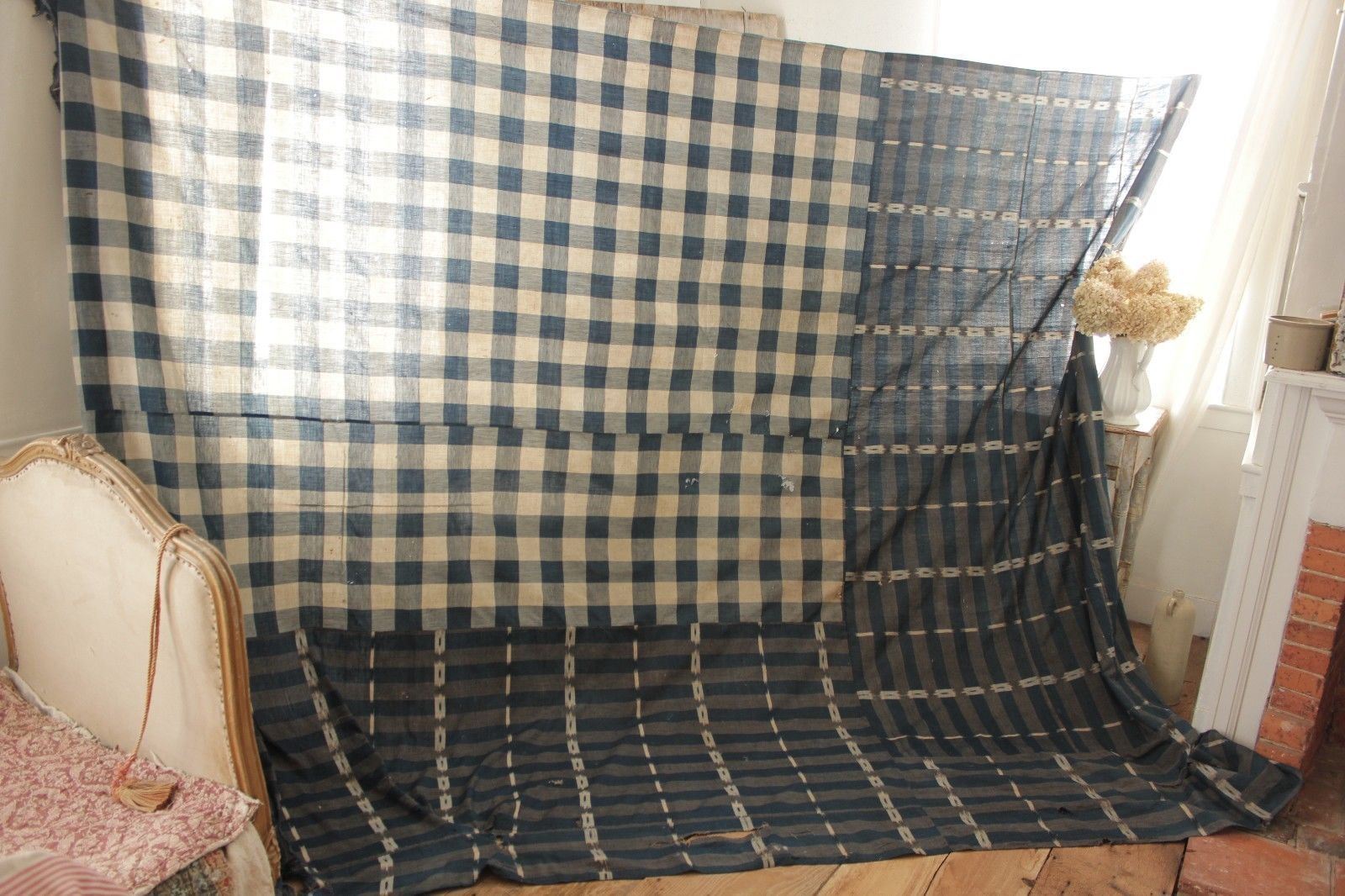 Pieced Curtain Antique Ikat + Vichy Check timeworn panel c1800 blue primitive