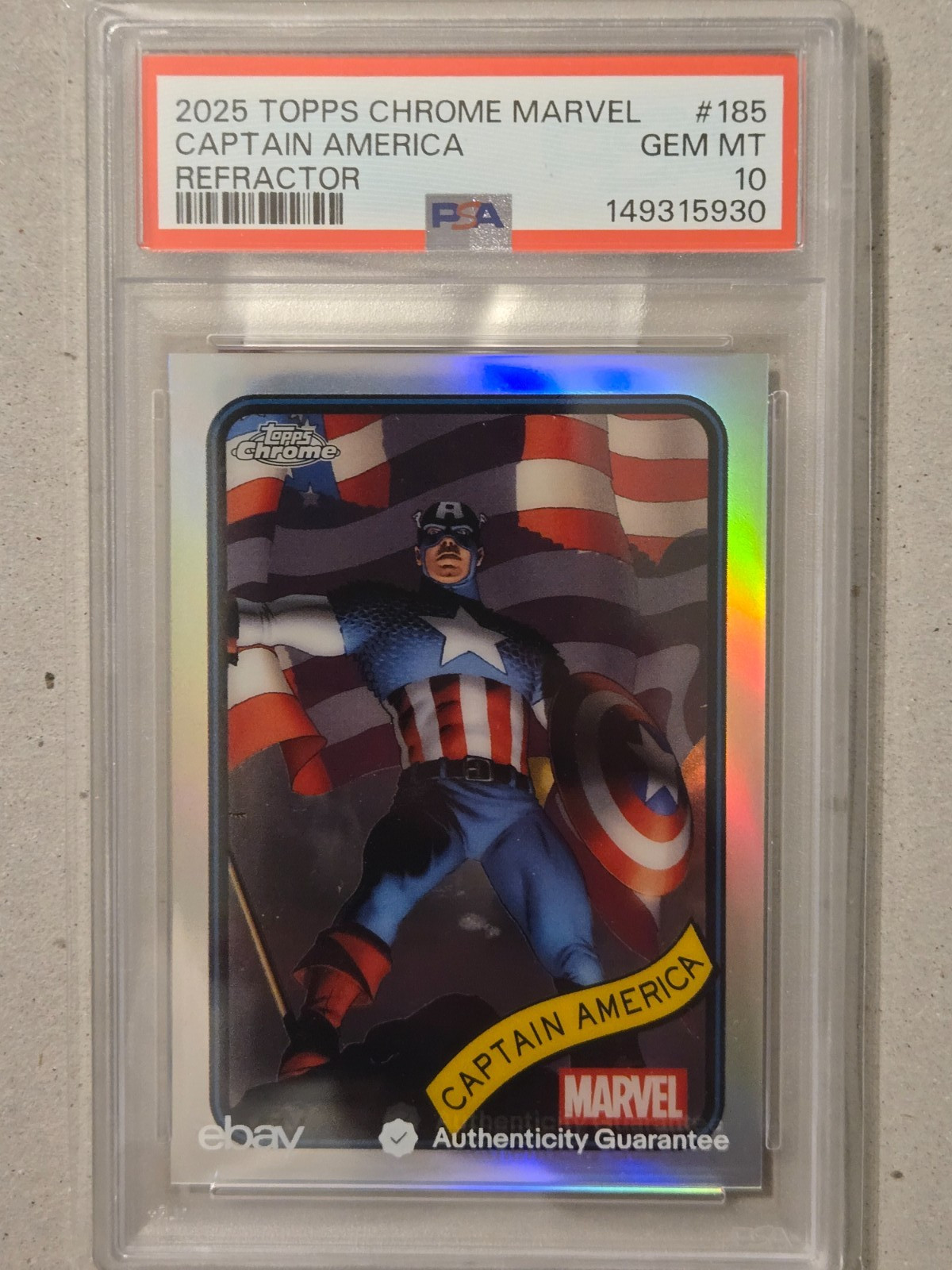 2025 TOPPS CHROME MARVEL REFRACTOR #185 CAPTAIN AMERICA PSA 10 GEM MINT RARE SSP 2025 TOPPS CHROME MARVEL REFRACTOR #185 CAPTAIN AMERICA PSA 10 GEM MINT RARE SSP