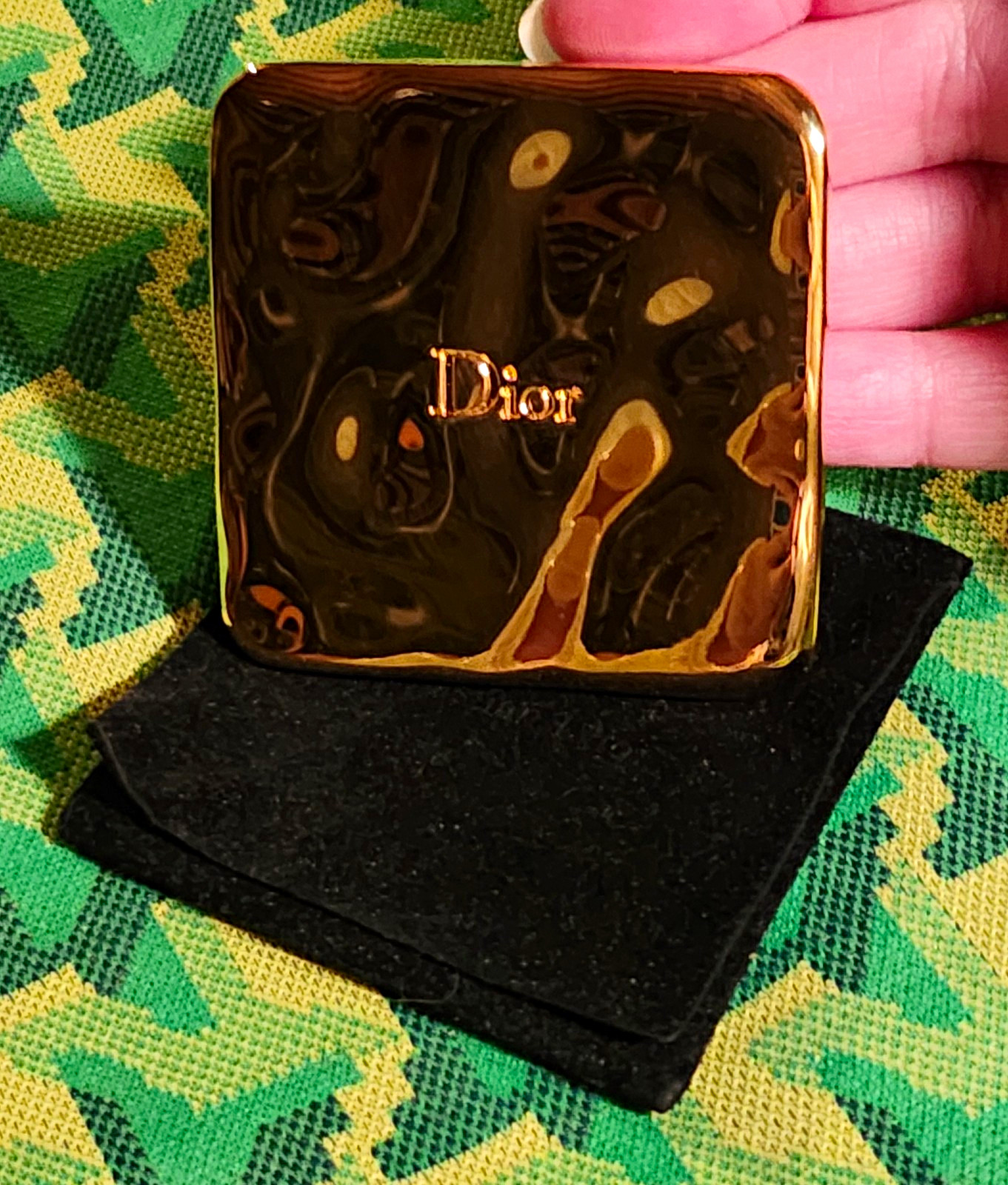VTG Christian Dior Gold Wavy Compact Mirror, Black Velour Pouch Authentic 1990s VTG Christian Dior Gold Wavy Compact Mirror, Black Velour Pouch Authentic 1990s