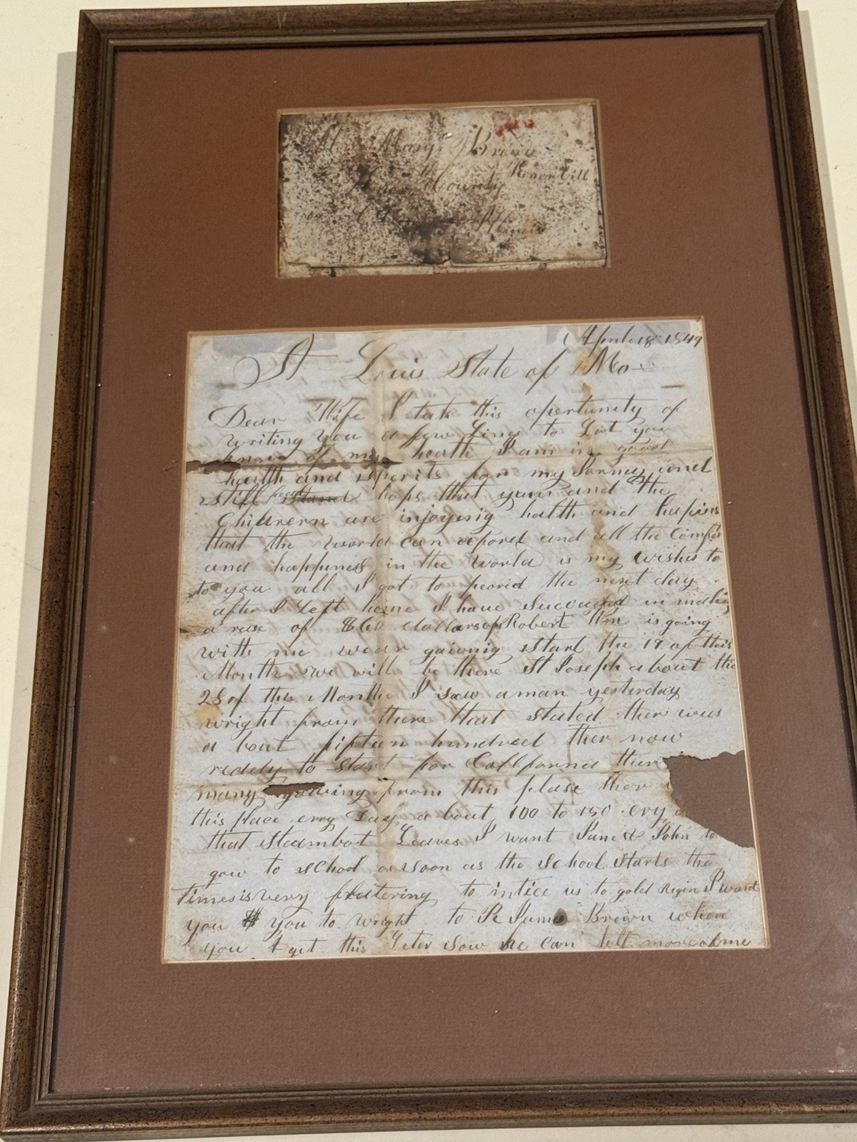 1849 California Gold Rush Letter St Louis Forty-Niner Overland St Joseph Framed