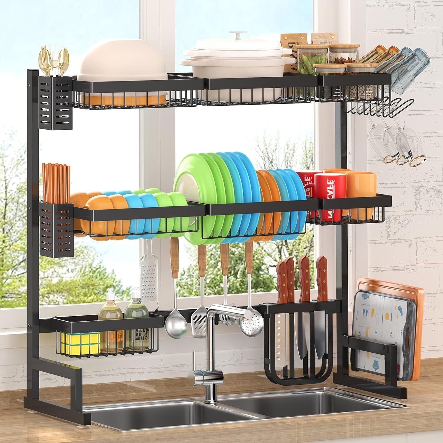 Over Sink Dish Drying Rack 3 Tier, 2 Cutlery Holders Adjustable Dish Drainer
