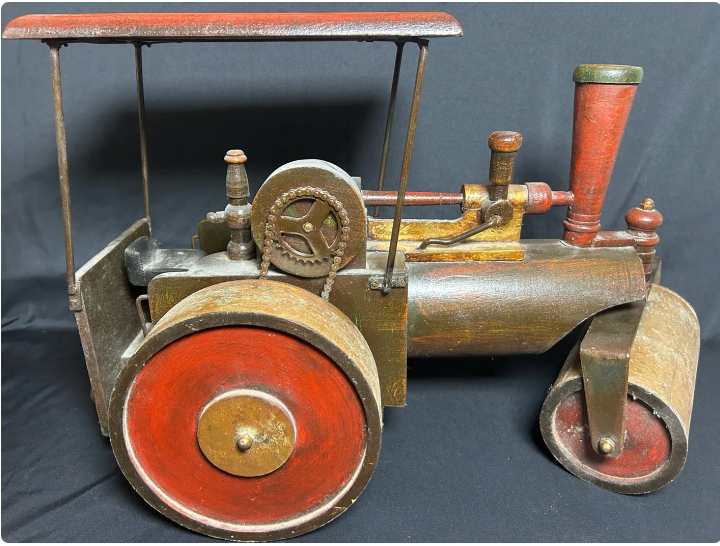 Vtg 1909 Antique Brass Blowtorch & Large 23 Folk Art Wood Steam Roller Model Set Vtg 1909 Antique Brass Blowtorch & Large 23 Folk Art Wood Steam Roller Model Set