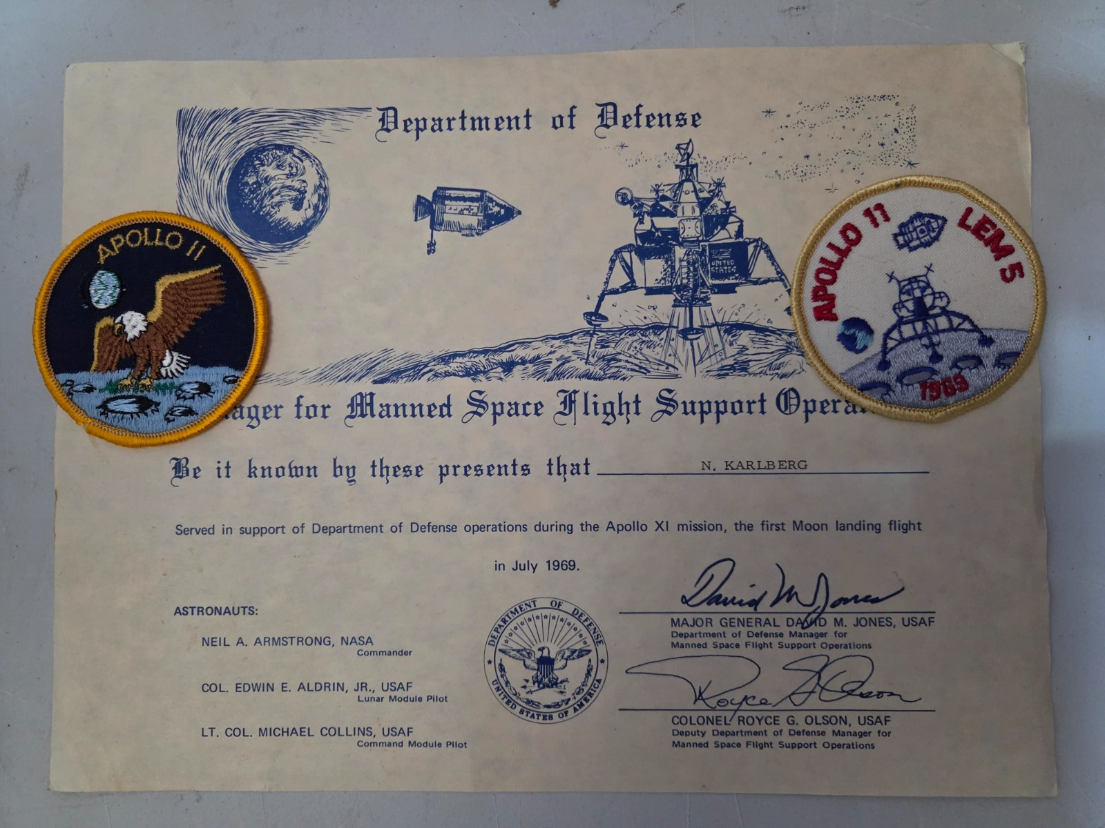 Vintage 1969 NASA Apollo 11 DoD Commendation Certificate and Patches Vintage 1969 NASA Apollo 11 DoD Commendation Certificate and Patches