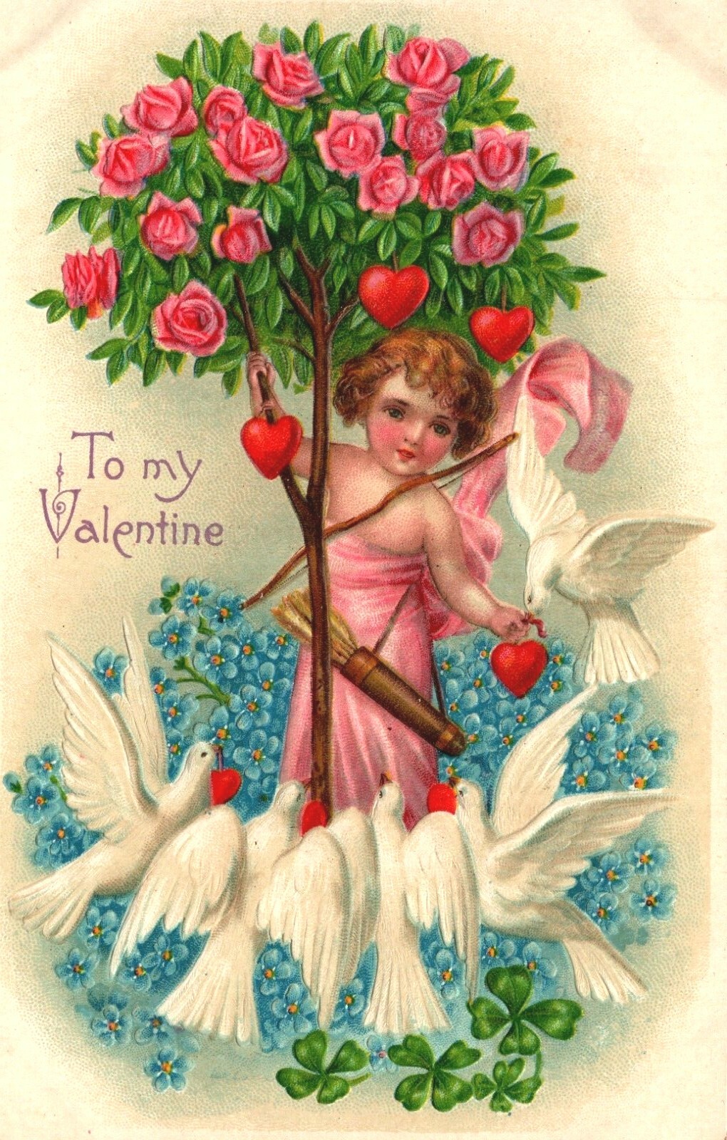 Postcard Valentine Cupid Picking Hearts from Tree Germany Postcard Valentine Cupid Picking Hearts from Tree Germany