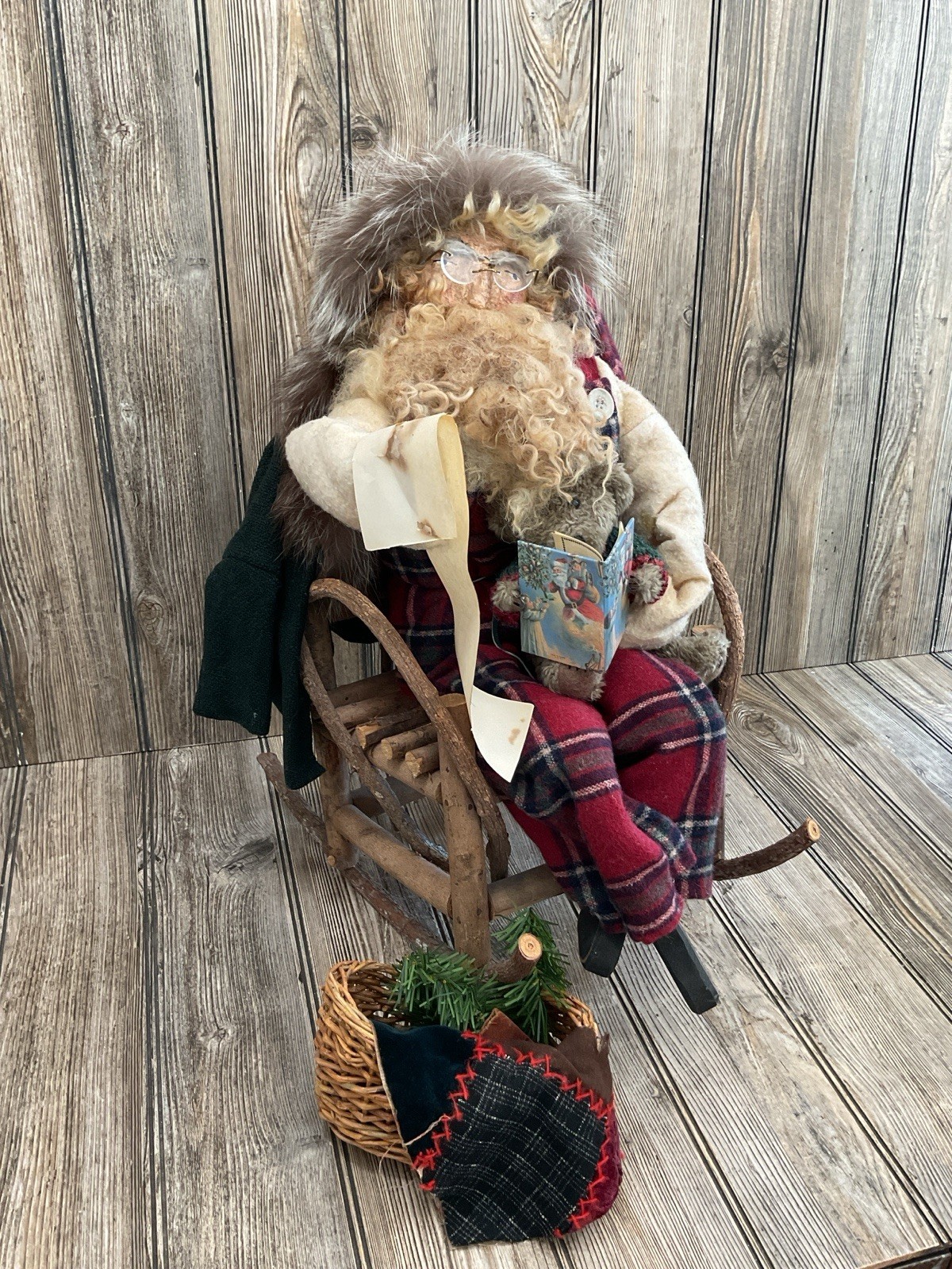 RARE Primitive Signed Christmas Log Rocking Santa Claus Figurine Statue 22”Tall