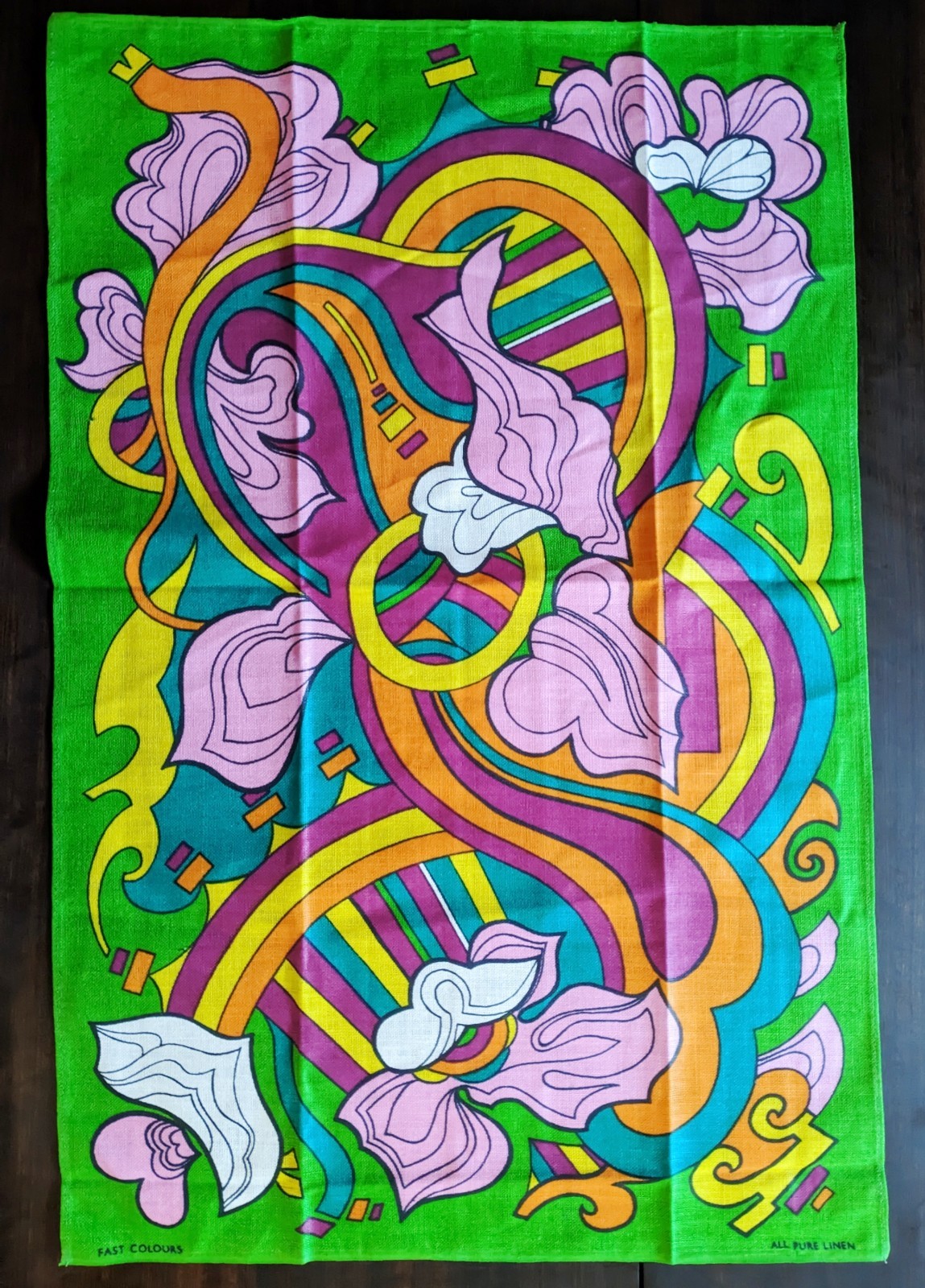 Vintage 1970s Psychedelic Linen Tea Towel Czechoslovakia Retro Ribbon Floral 