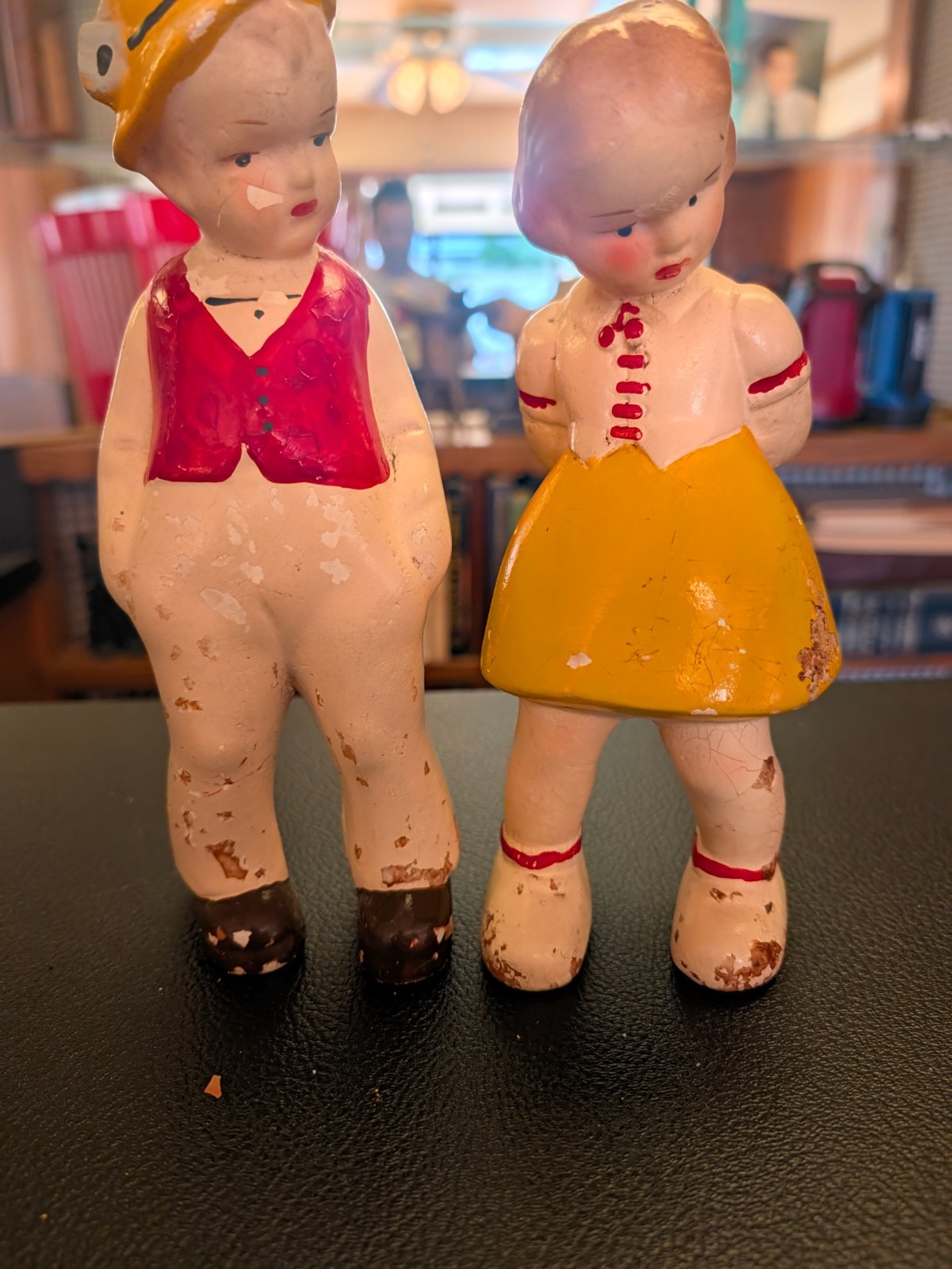 Vintage 1930s Art Deco Chalkware Shy Boy & Girl Figurine Pair Plaster Statues Vintage 1930s Art Deco Chalkware Shy Boy & Girl Figurine Pair Plaster Statues