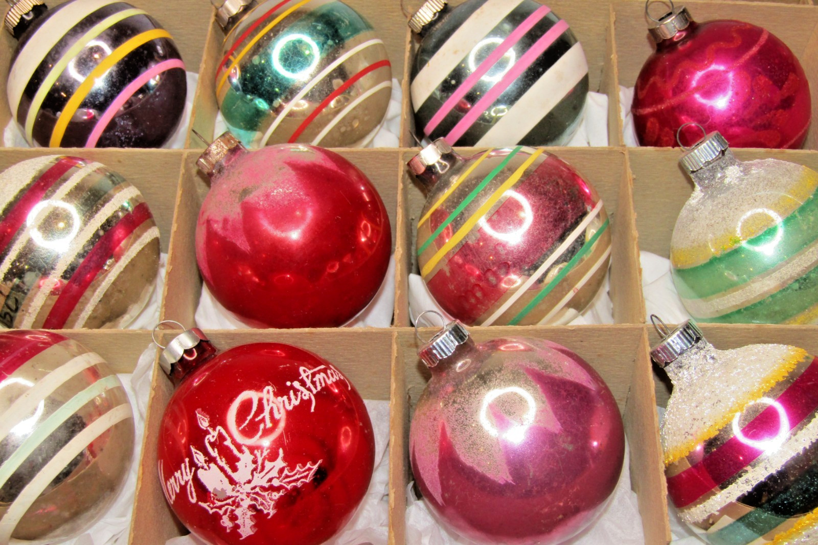 Lot VTG 50s Glass Mica Stripe MERRY Pictured BALL Christmas Ornament Shiny Brite
