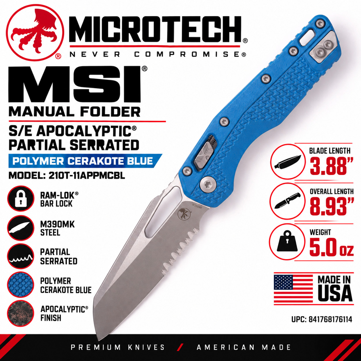 Microtech MSI RAM-LOK Blue Tri-Grip Apocalyptic Serrated M390MK 210T-11APPMCB Microtech MSI RAM-LOK Blue Tri-Grip Apocalyptic Serrated M390MK 210T-11APPMCB