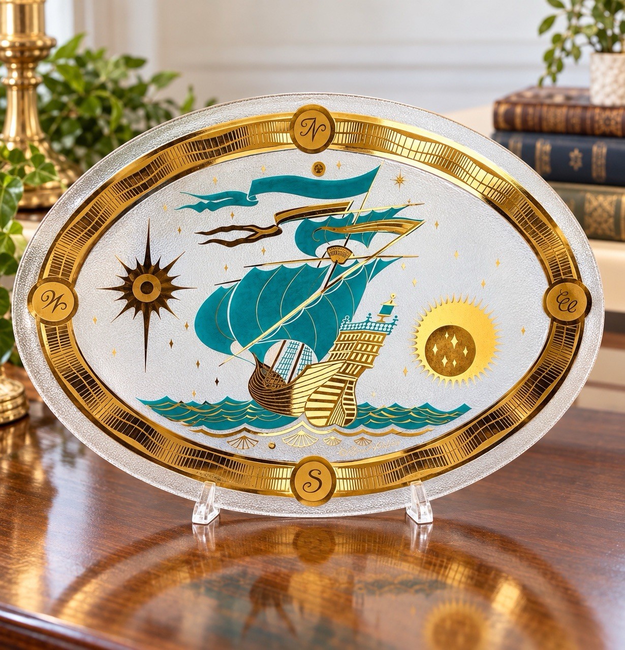 Vintage Fred Press Oval Glass Platter Nautical Ship Gold Turquoise MCM Vintage Fred Press Oval Glass Platter Nautical Ship Gold Turquoise MCM