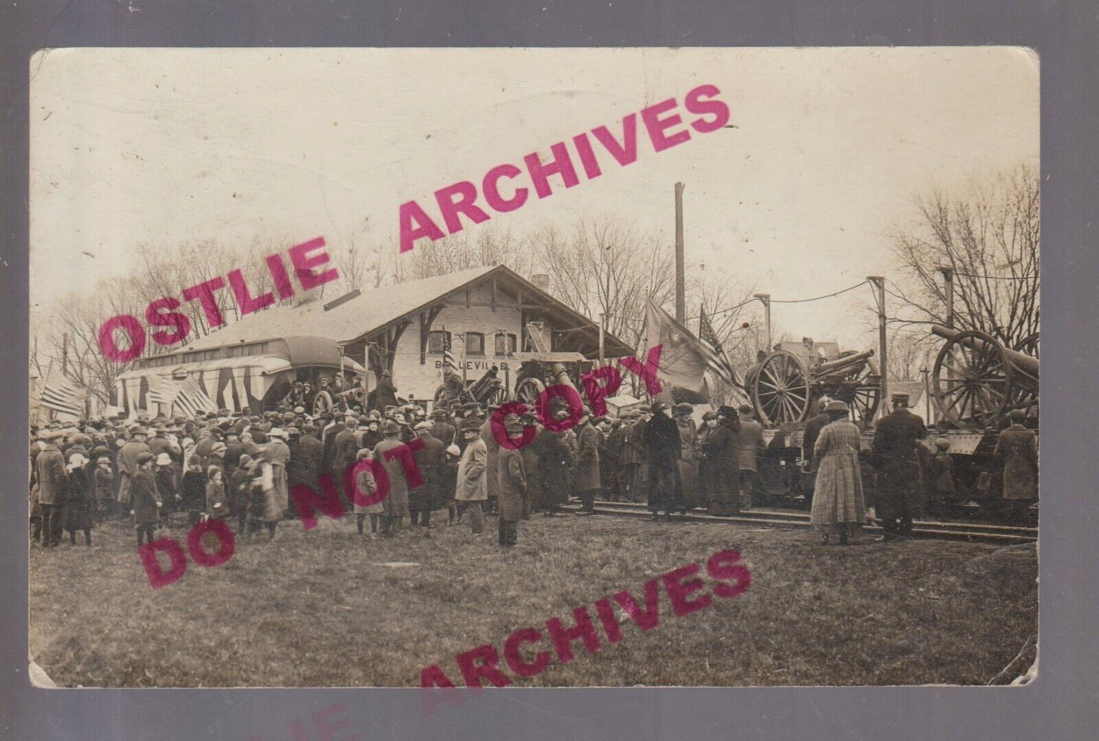 Belleville WISCONSIN RPPC c1919 WW1 VICTORY Celebration DEPOT Train CANNONS WOW Belleville WISCONSIN RPPC c1919 WW1 VICTORY Celebration DEPOT Train CANNONS WOW