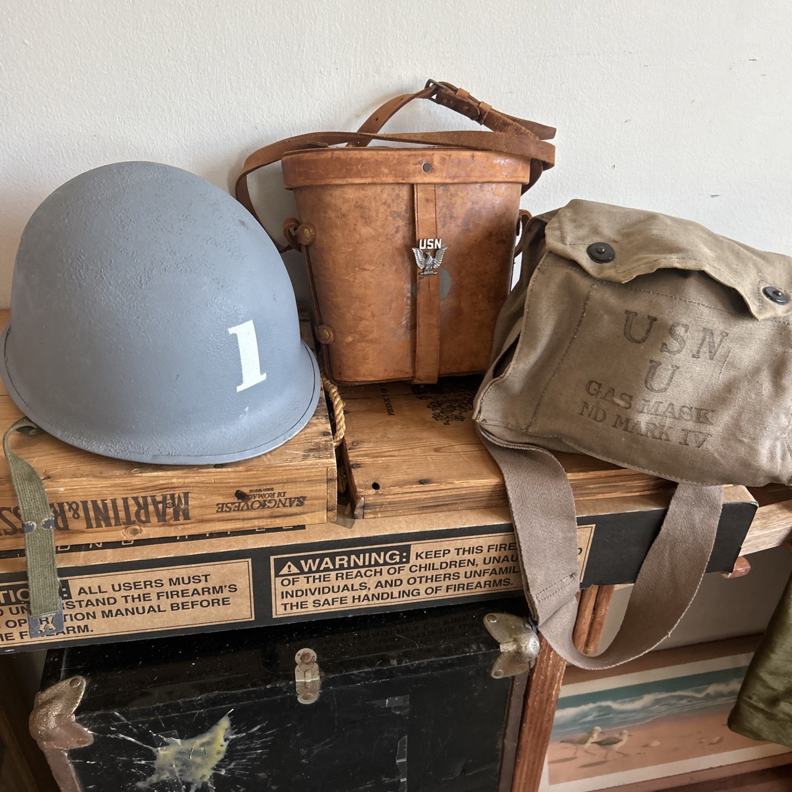 WW2 US NAVY M1 Helmet WW2 Liner  WW2 Binoculars WW2 Gas Mask