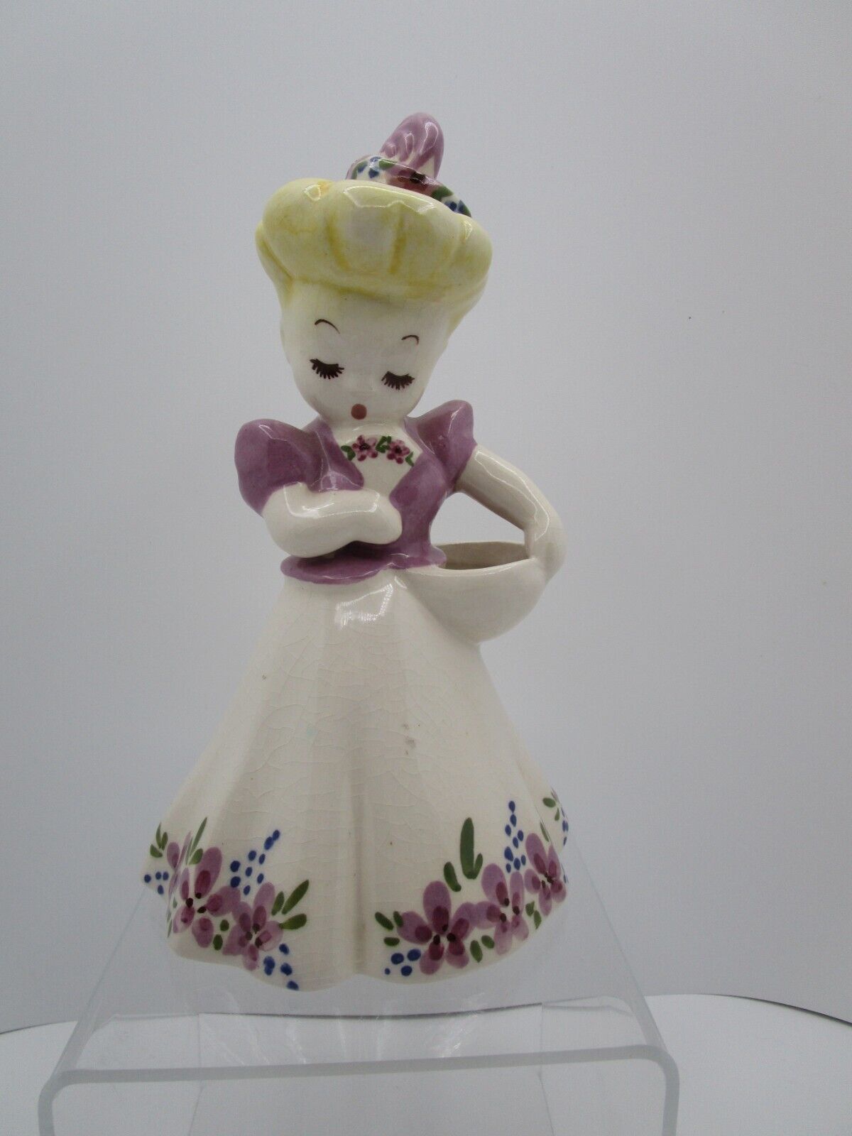 DELEE ART Pottery Figurine Planter Vase HATTIE Blonde Purple Flowers Circa 1940