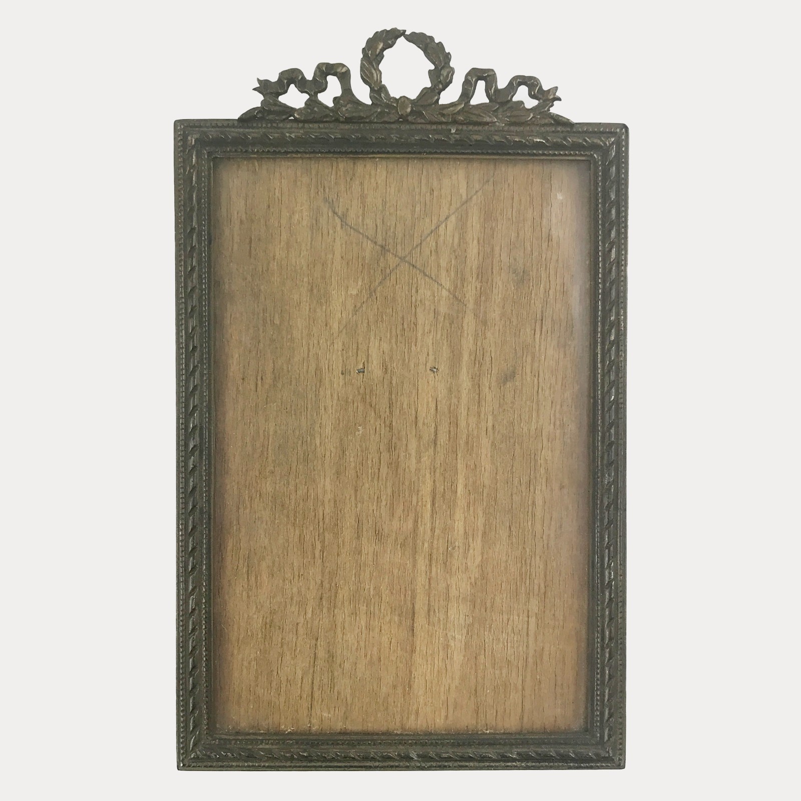 Antique French Style .800Silver Ribbon Wreath Photo Frame Wooden Back Decorative