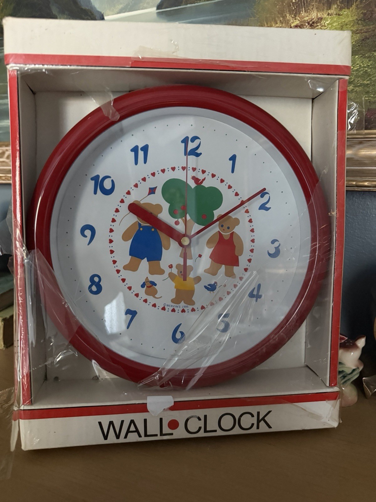 Vintage 1986 Mervyn’s Teddy Bear Wall Clock 9.5” Red Quartz Nursery Decor NOS