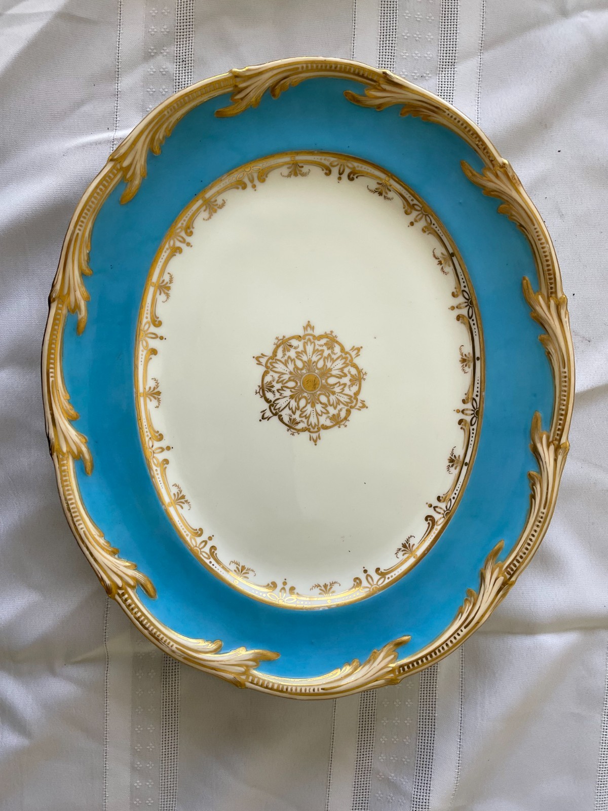 antique serving dish, porcelain, white, blue border, gold decoration
