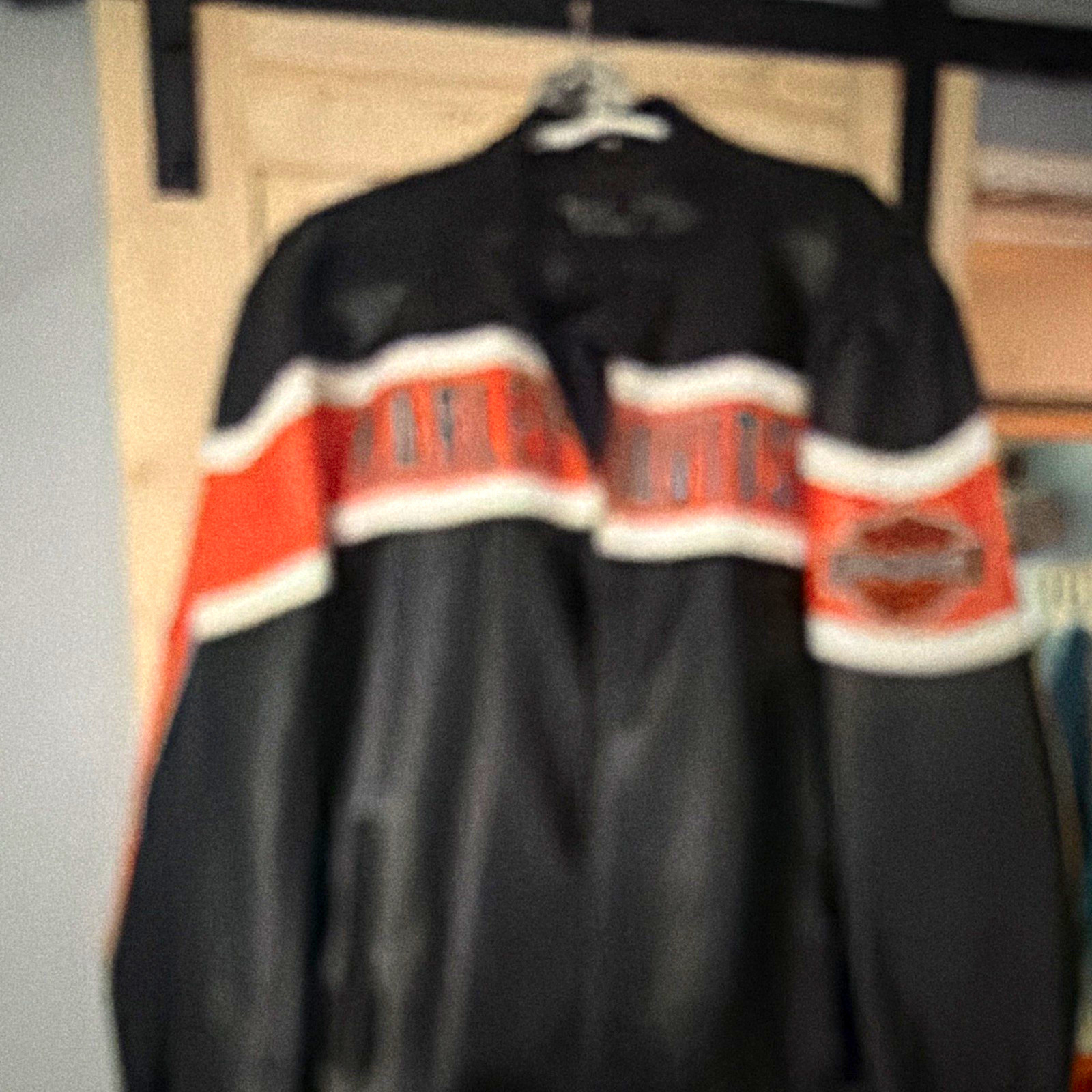 Harley-Davidson Black Zip-Up Jacket w/ Orange & White Stripes, Logo Sleeve Harley-Davidson Black Zip-Up Jacket w/ Orange & White Stripes, Logo Sleeve