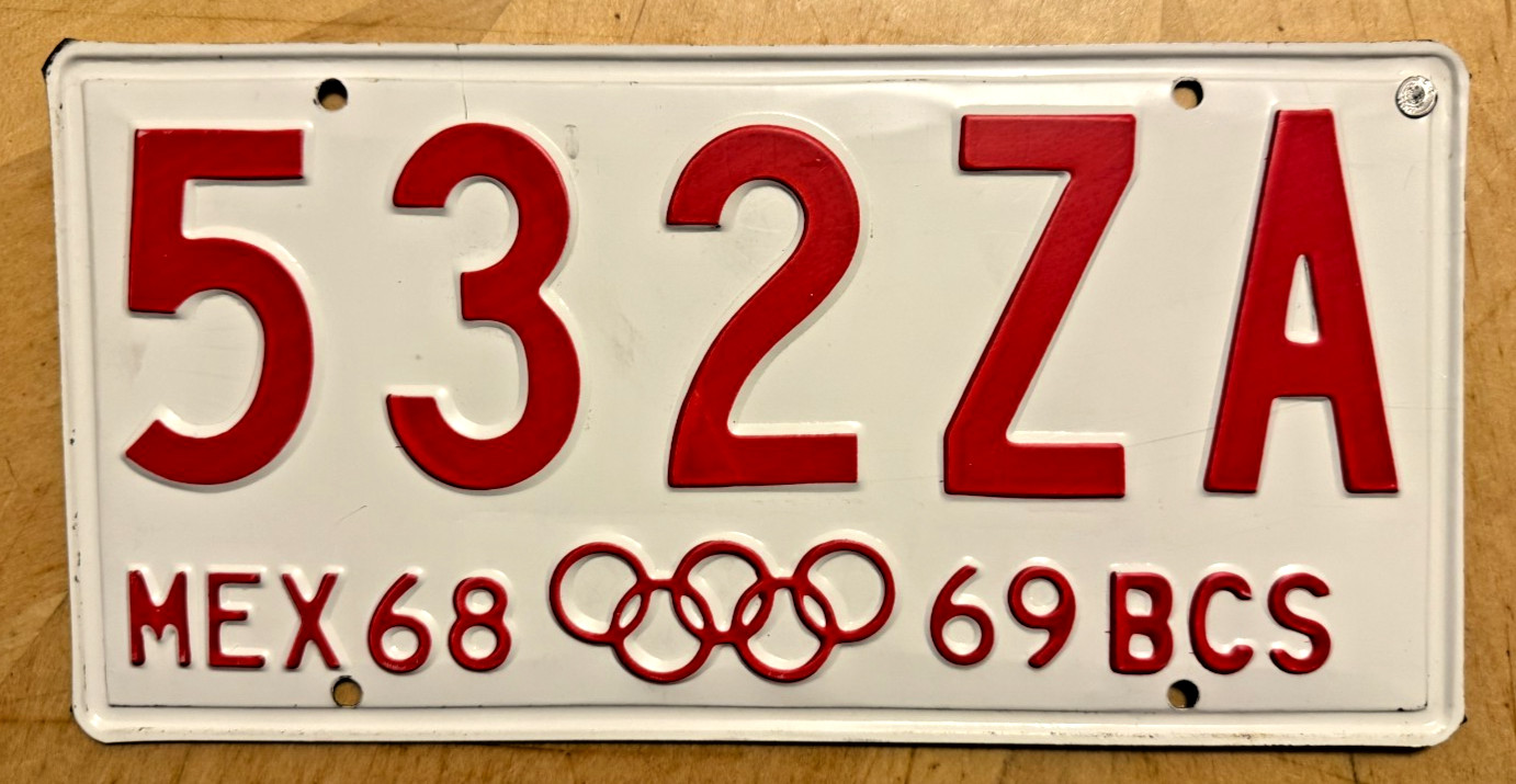 1968 1969 BAJA CALIFORNIA SUR OLYMPIC RINGS MEX MEXICO AUTO LICENSE PLATE 532 ZA