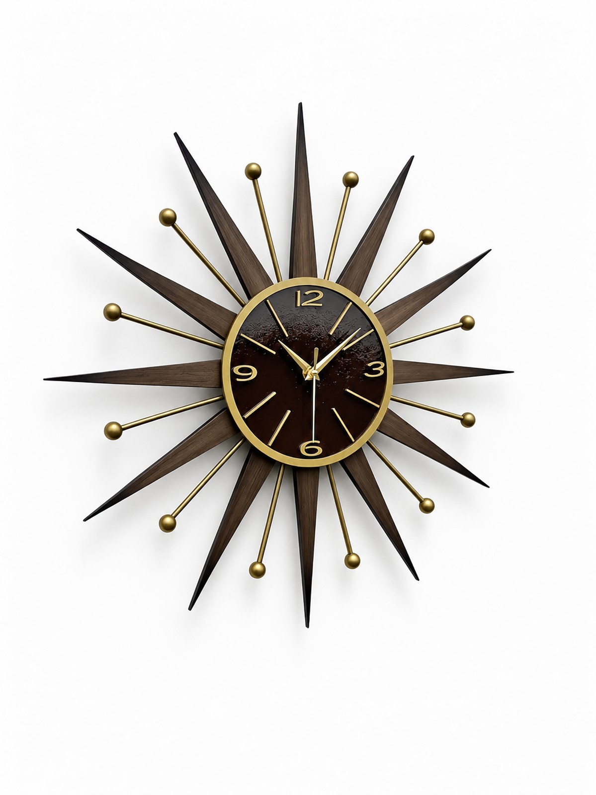 Retro Style Starburst Sunburst Wall Clock MCM Brown Gold Handmade Silent Decor
