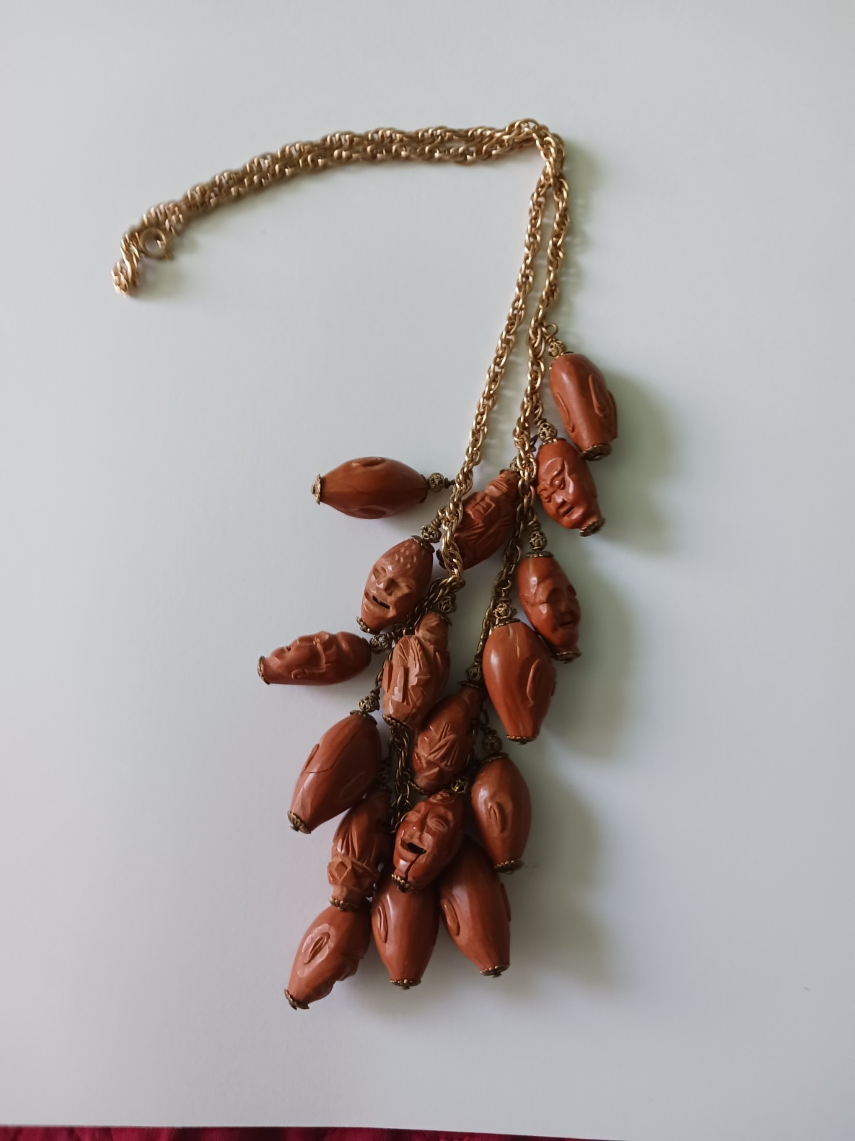 Antique Chinese Peach Pit Carving Bead Man's Head 16 Chain Antique Chinese Peach Pit Carving Bead Man's Head 16 Chain