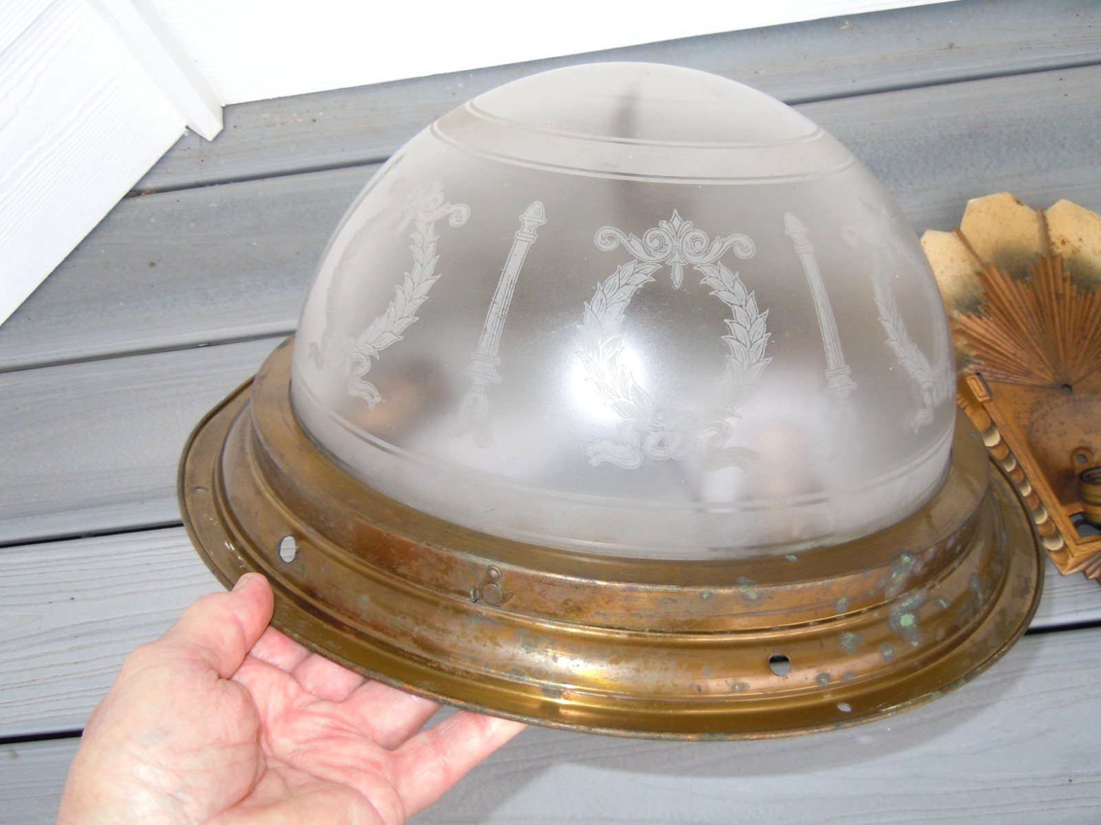 VINTAGE / ANTIQUE LARGE FLUSH MOUNT HALF DOME FROSTED ETCHED GLASS LIGHT FIXTURE VINTAGE / ANTIQUE LARGE FLUSH MOUNT HALF DOME FROSTED ETCHED GLASS LIGHT FIXTURE