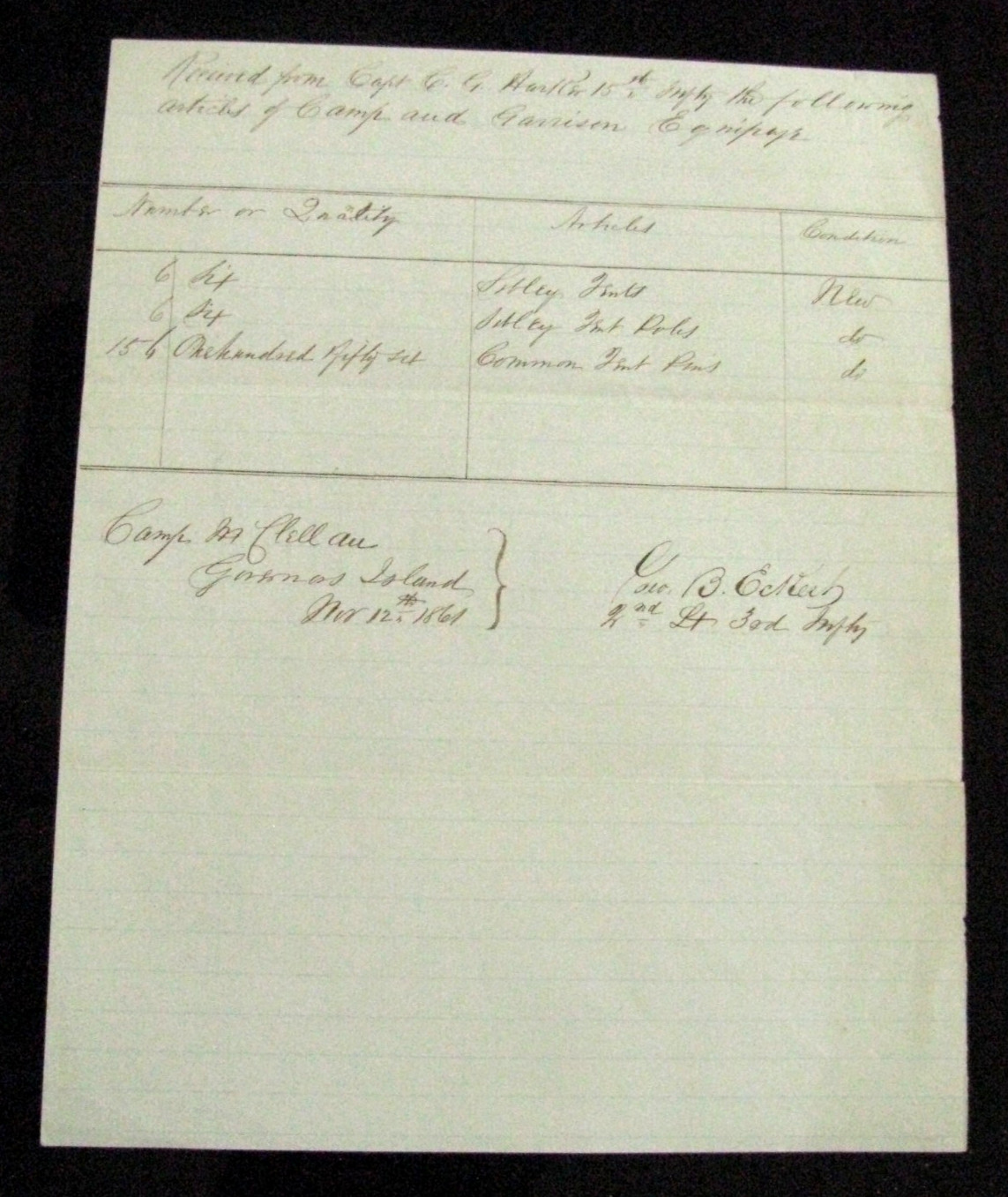  CIVIL WAR STATEN ISLAND NEW YORK CIVIL WAR CAMP MCLELLAN GARRISON RECEIPT 1861
