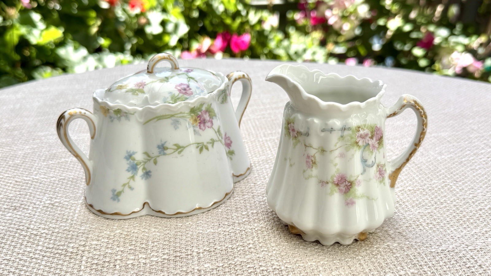 Antique Early 1900s Haviland Limoges Sugar Bowl & Creamer Pink Blue Floral Gold