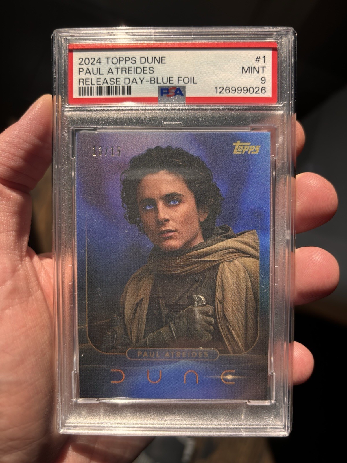 2024 TOPPS DUNE RELEASE DAYPAUL ATREIDES BLUE FOIL /15 TIM CHALAMET ROOKIE PSA 9