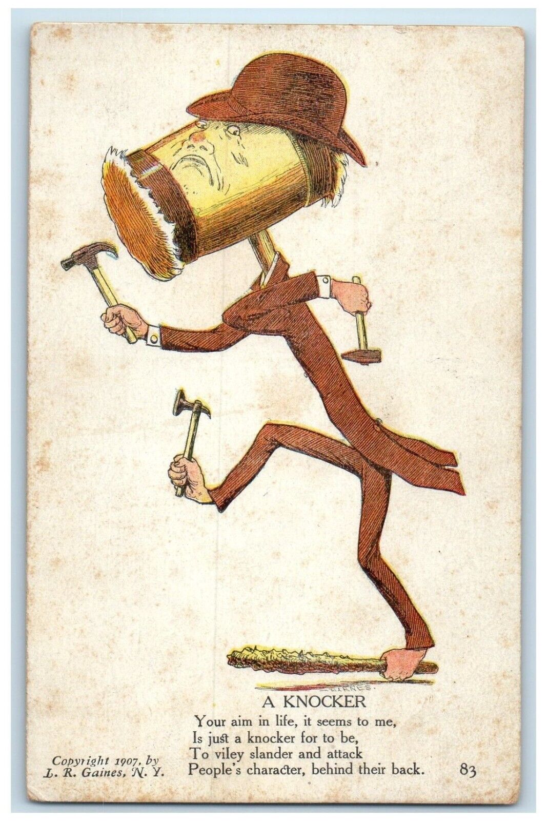 c1910's Anthropomorphic Hammer A Knocker Your Aim In Life Humor Antique Postcard
