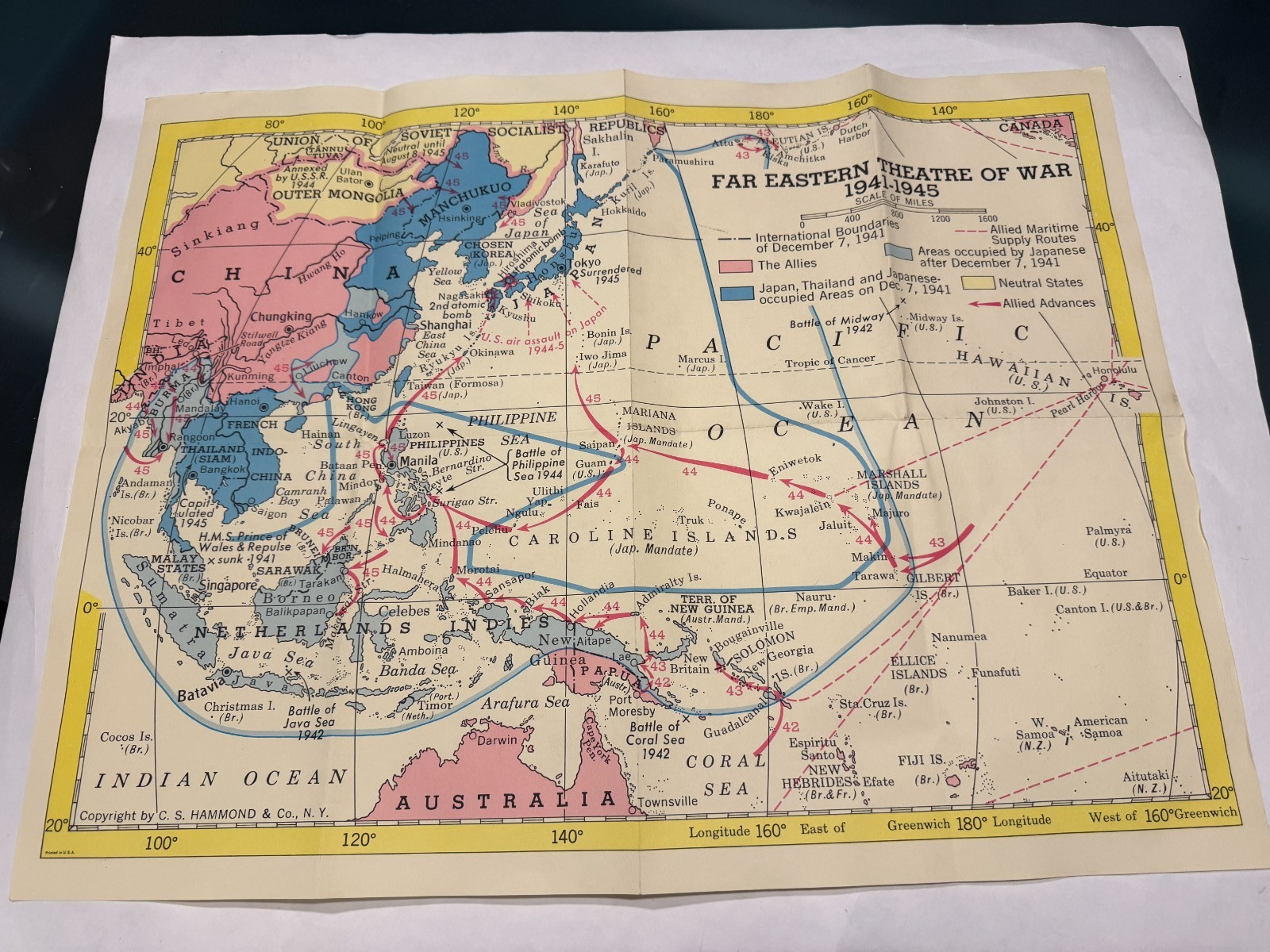 FREE SHIP C.S. Hammond & Co. Far Eastern & European Theatre Of War 1941-45 Map FREE SHIP C.S. Hammond & Co. Far Eastern & European Theatre Of War 1941-45 Map