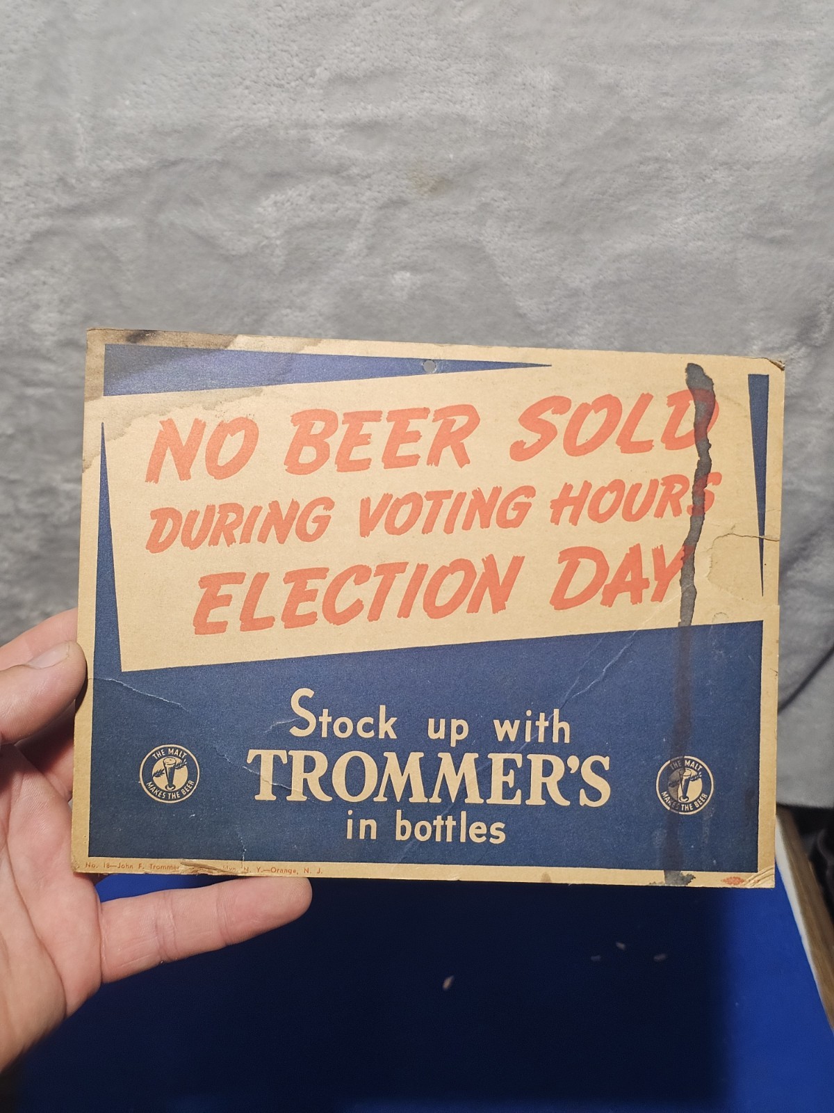 Vintage Trommer\'s Beer Election Day No Beer Sold Advertising Sign Card Brooklyn