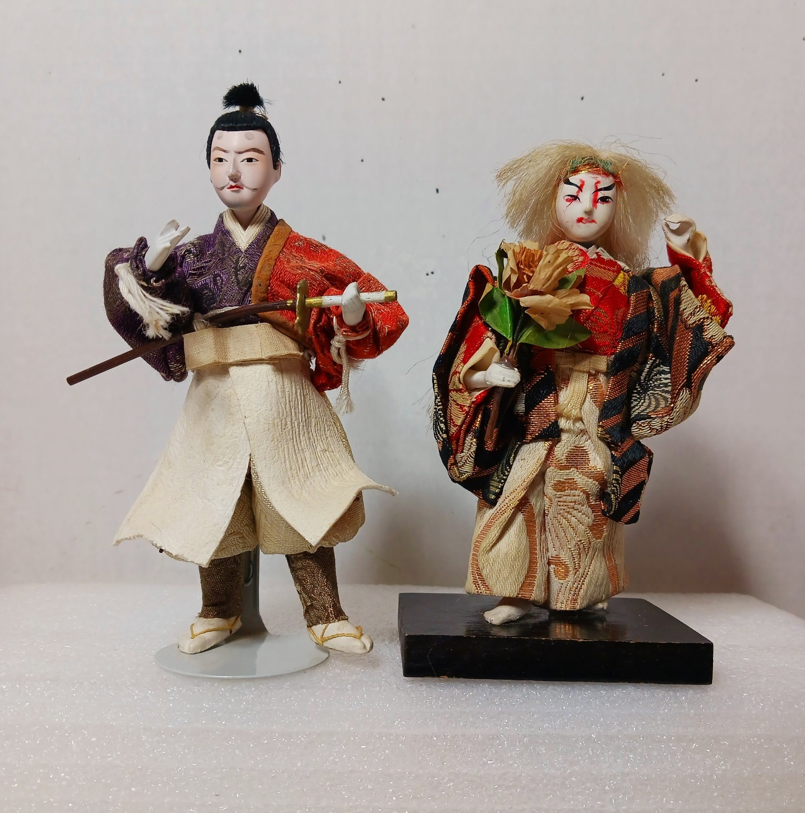 2 VTG Japanese Samurai Warrior, Mirror Lion Dance Gofun Geisha Doll Figurine MCM 2 VTG Japanese Samurai Warrior, Mirror Lion Dance Gofun Geisha Doll Figurine MCM