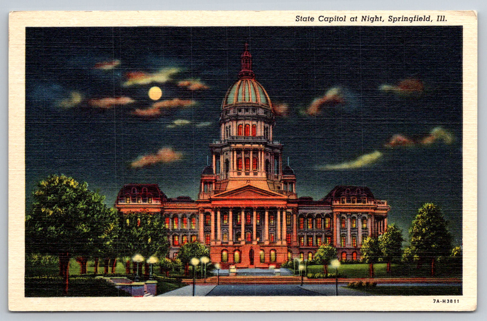 c1940s State Capitol Night Springfield Illinois Postcard c1940s State Capitol Night Springfield Illinois Postcard