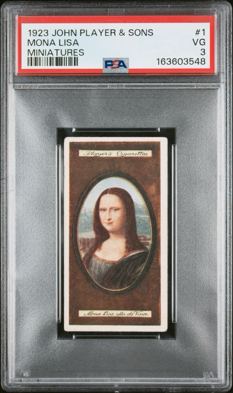 1923 John Player & Sons #1 MONA LISA Miniatures Tobacco Card PSA 3 Very Good 1923 John Player & Sons #1 MONA LISA Miniatures Tobacco Card PSA 3 Very Good